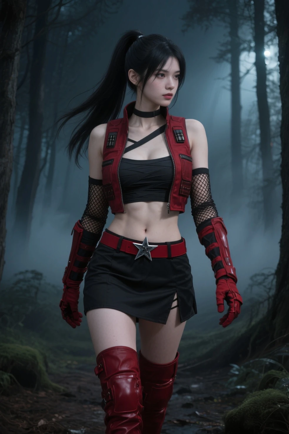 a woman holding a sword in a dark room, 2. 5 d cgi anime fantasy artwork, holding a black katana, stuning fantasy 3 d render, holding katana, unreal engine character art, unsheathing her katana, she is holding a katana sword, yasuke 5 0 0 px models, dramatic wielding katana pose, holding a katana, background color smoked, Red leather jacket.