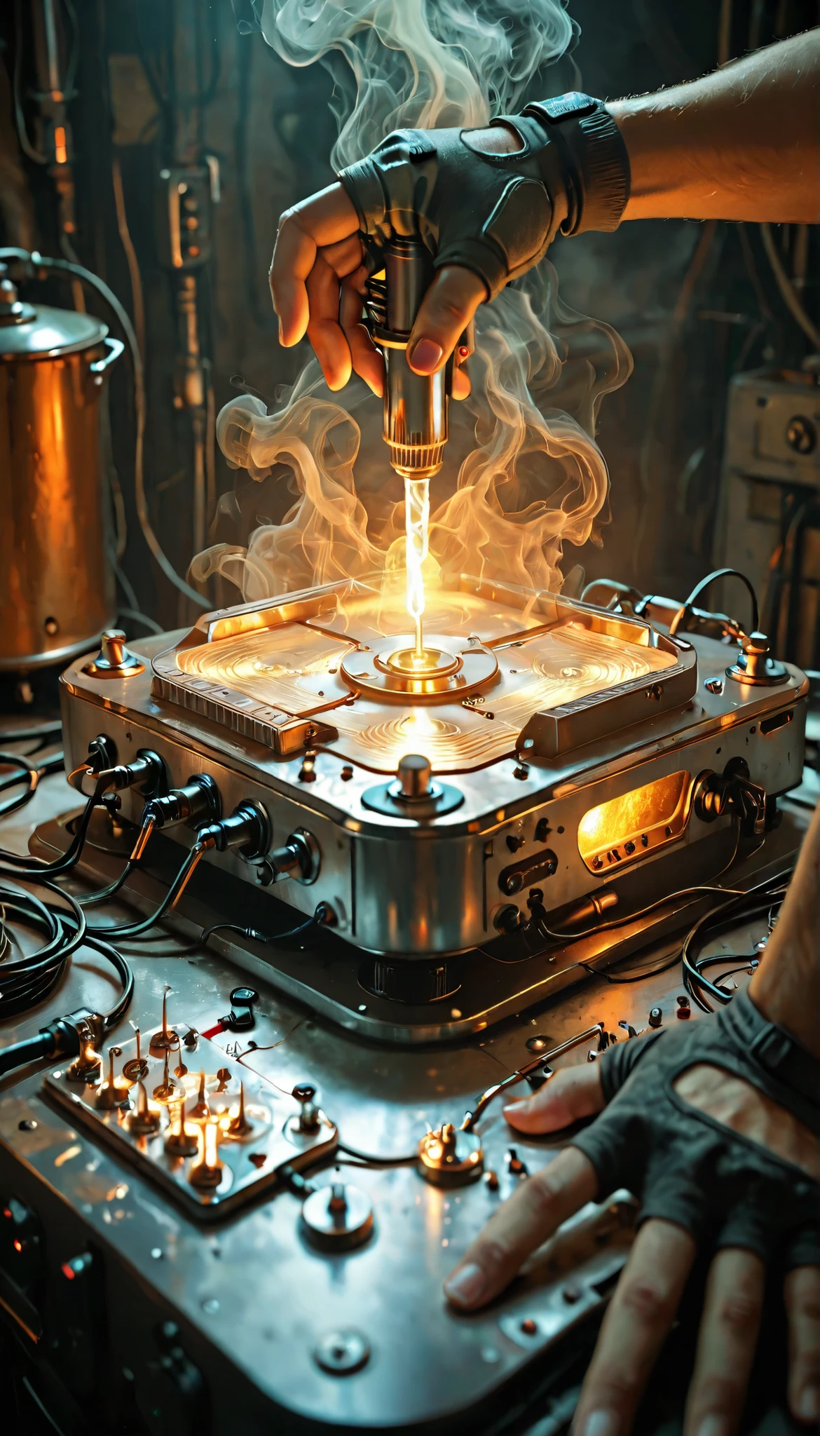 Realistic CGI style, vertical frame, close-up of a male hand with fingerless gloves soldering a small PCB, thick smoke rising, glowing hot iron tip, cinematic shadows, futuristic messy workshop background, dramatic lighting, ultra detailed