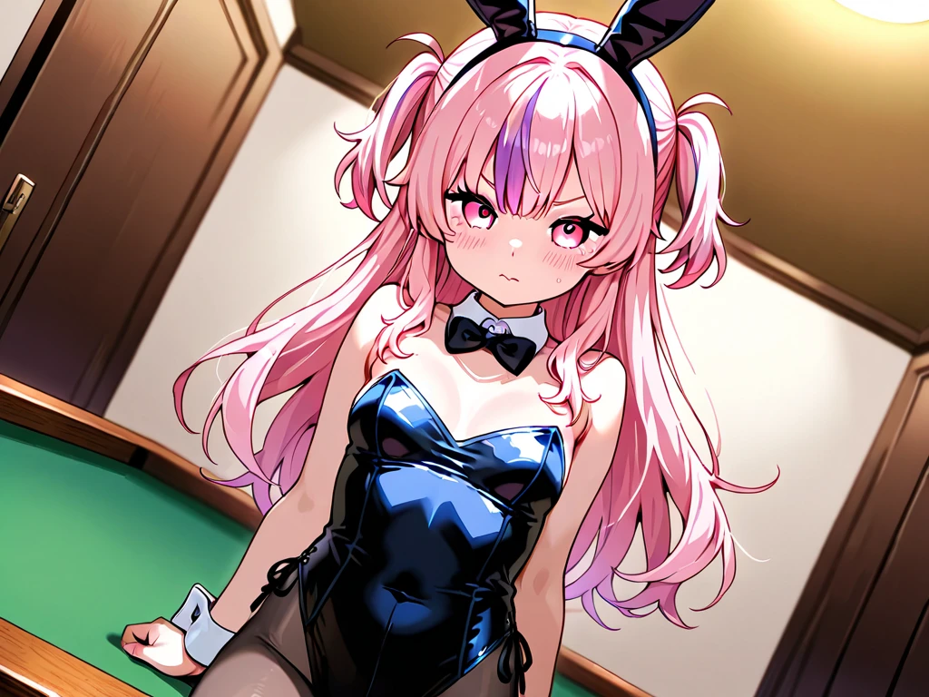 1girl, solo, cowboy shot, indoors, kanan-sama, ribbon, nose blush, embarrassed, wavy mouth, closed mouth, playboy bunny, demon girl<lora:kanan-sama-16:0.9>
