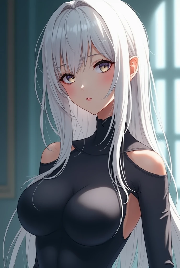 (Image from chest up:1.4)((masterpiece:1.5,Highest quality,Beautiful images、Realistic、2.5D、Artistic、Portraiture))(1girl, solo)(medium breasts, Silver Hair、long hair、Beautiful cleavage、sideboob、Exposing shoulders、Tattoo on shoulder)(Profile Portrait,Gaze sideways、Gaze diagonally、Shake your head、A sad expression, floating hair)(Monotone Abstract Background)((from diagonally forward:1.3)),Landscape,((outfit-inori,Monotone costumes))