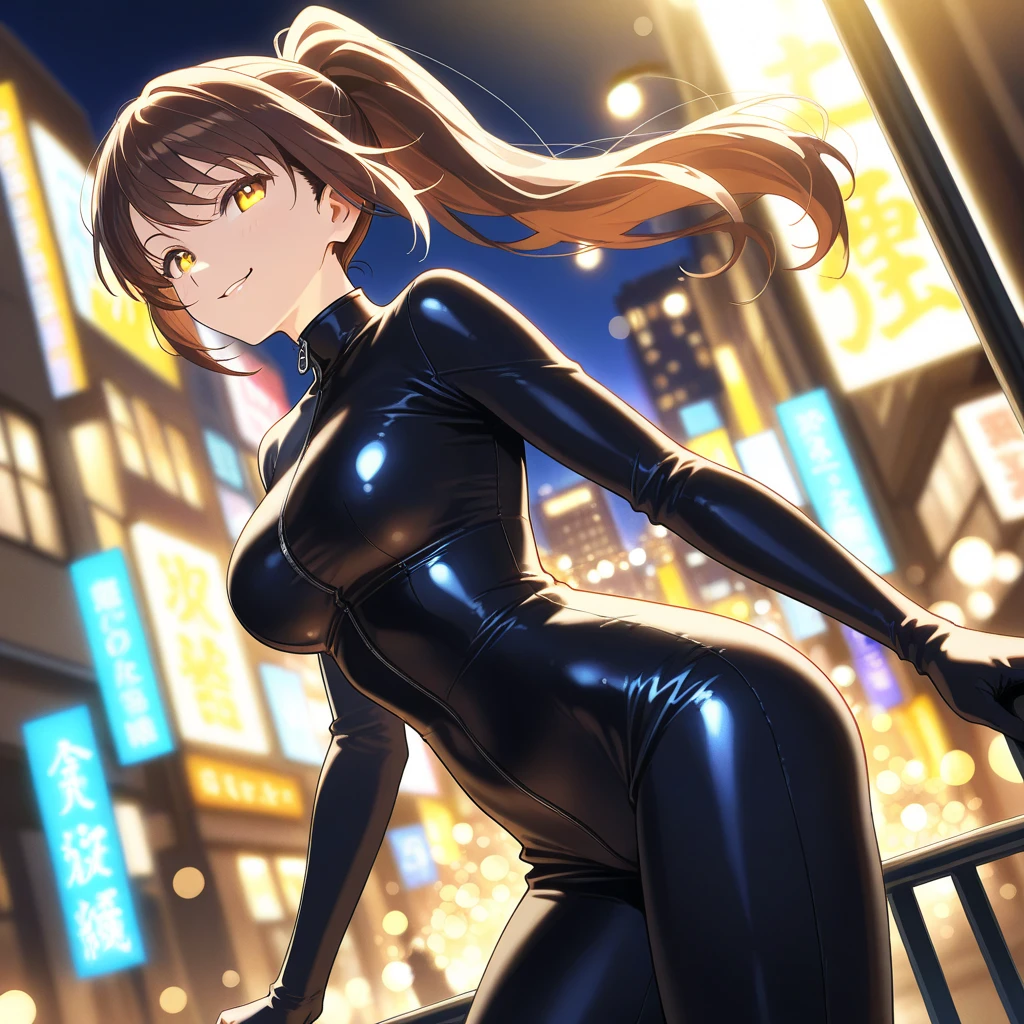 top-quality、Full limbs、complete fingers、One beautiful woman、Beautiful Large Breasts、bobhair、Medium Hair、Brown hair、Woman in full body rubber suit、A smile、((night skyscraper))、Rear view