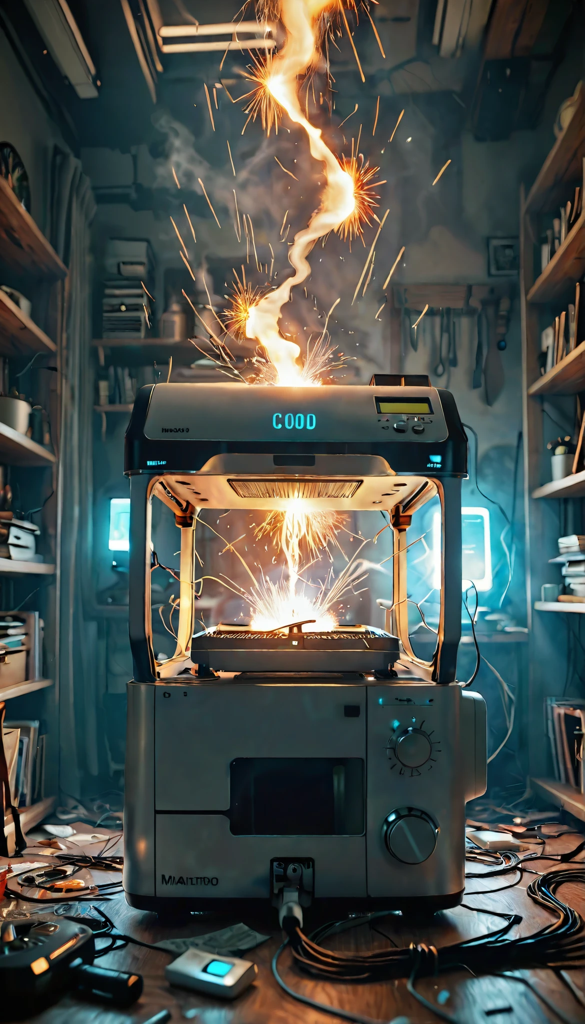 Realistic CGI 3D render, vertical layout, malfunctioning 3D printer ejecting glowing filament strands in random directions, sparks and smoke, LED lights flickering, chaotic background with shelves and tangled wires, cinematic lighting