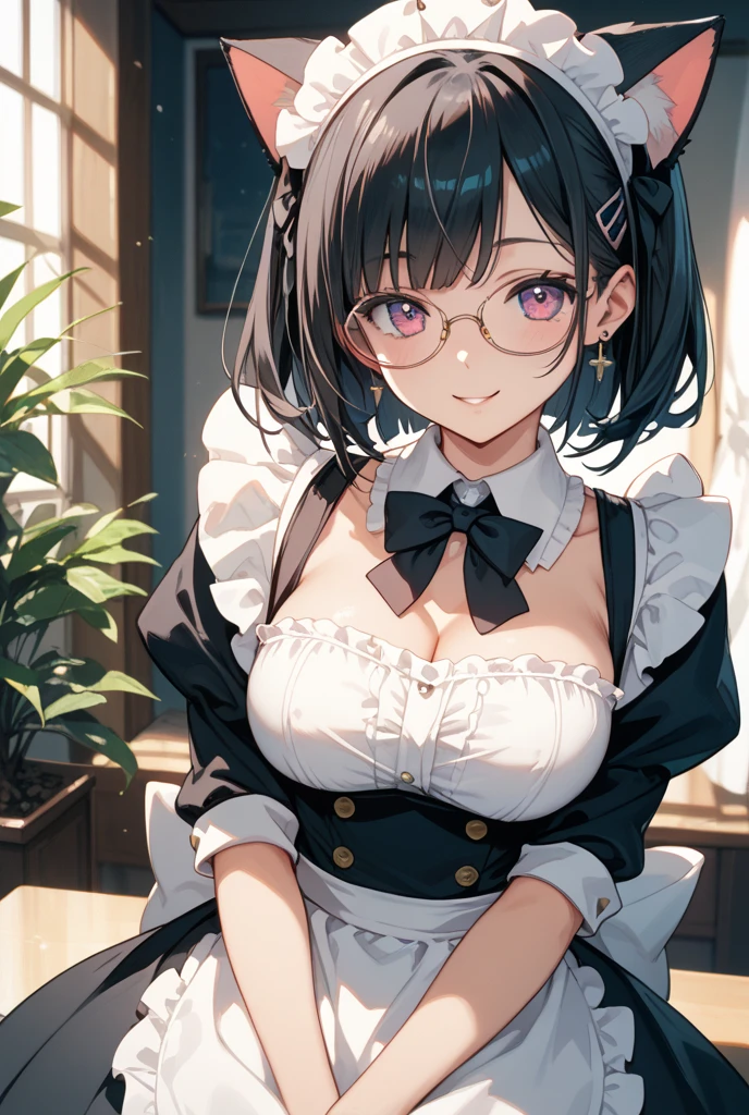 1girl,18yo,perfect hands, perfect finger,perfect anatomy, masterpiece, best quality,realistic, hyperrealistic, 16k hdr,, aamii, short hair, black hair, blue eyes, glasses, ,cafe background,standing,(sweat:1.3),(happy smile),large breasts,upper body,(sexy maid dress,head dress:1.2),ultra miniskirt,(leaning forward:1.2),spread legs