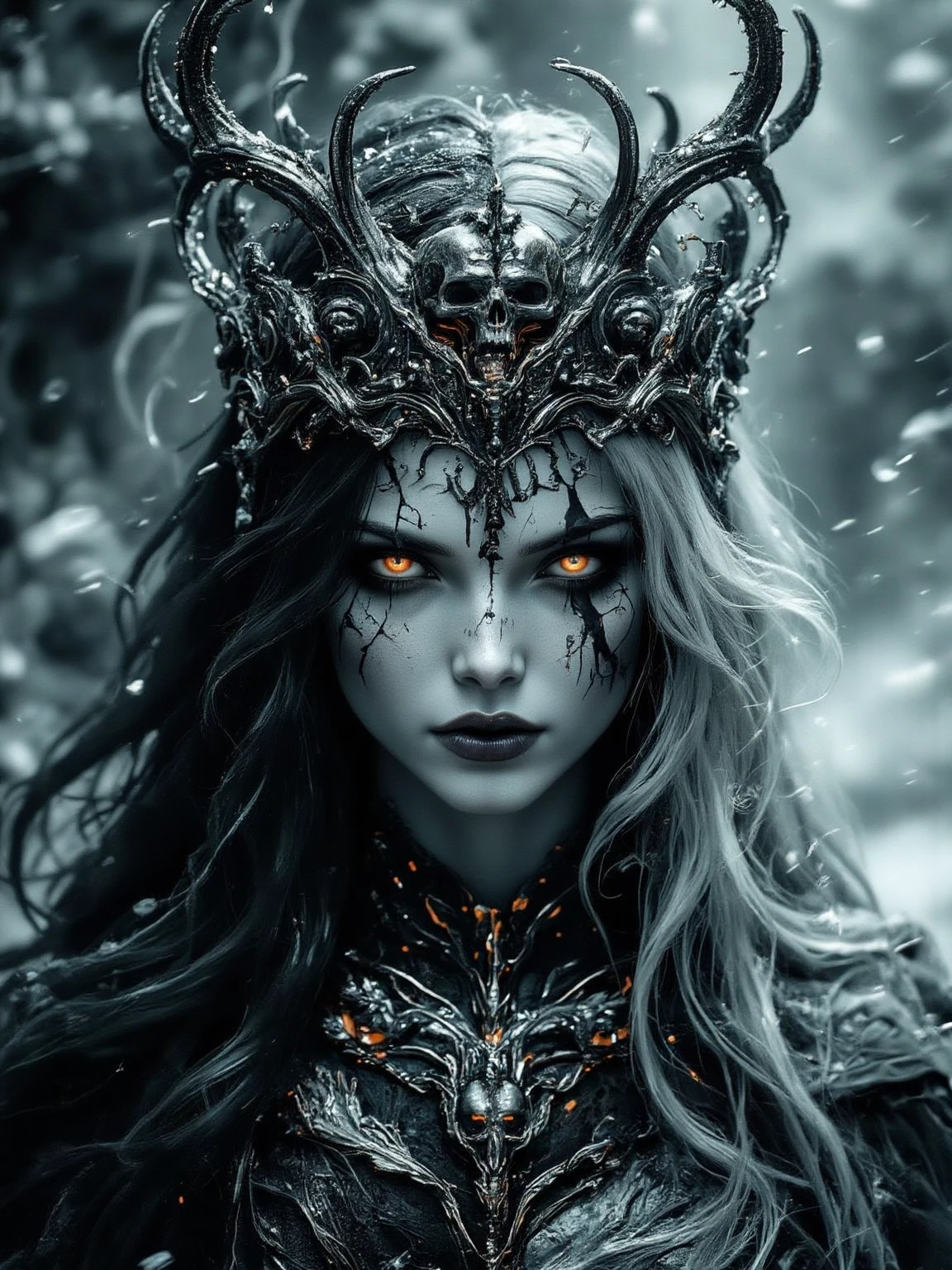 Close-up of a woman with a crown on her skull face and head, close-up portrait goddess skull, goddess of death, beautiful male god of death, holy skull queen, detailed matte fantasy portrait, anime skeleton portrait woman, queen of death, goddess. Extremely high detail with skull crown, queen of the dead, portrait of the god of death, skull in a circle with crown and horns, crown of skull, crown of death, crown of skull, crown of skull, beautiful male god of death, skull king, undead skull king, portrait of the god of death, fantasy skull, heavy metal art style, god of death, queen of death, close-up portrait goddess skull, holy skull queen, 8K highly detailed digital art --auto --s2