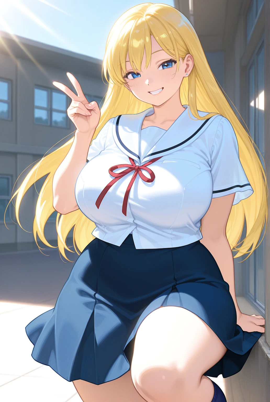(best quality:1.5, highres, UHD, 4K, detailed lighting, shaders, HDR, hand depiction, anime style), blonde ponytail, large breasts, gyaru, gal, sailor uniform, smirk, sexy, erotic, sitting on table, pov, close shot, classroom background