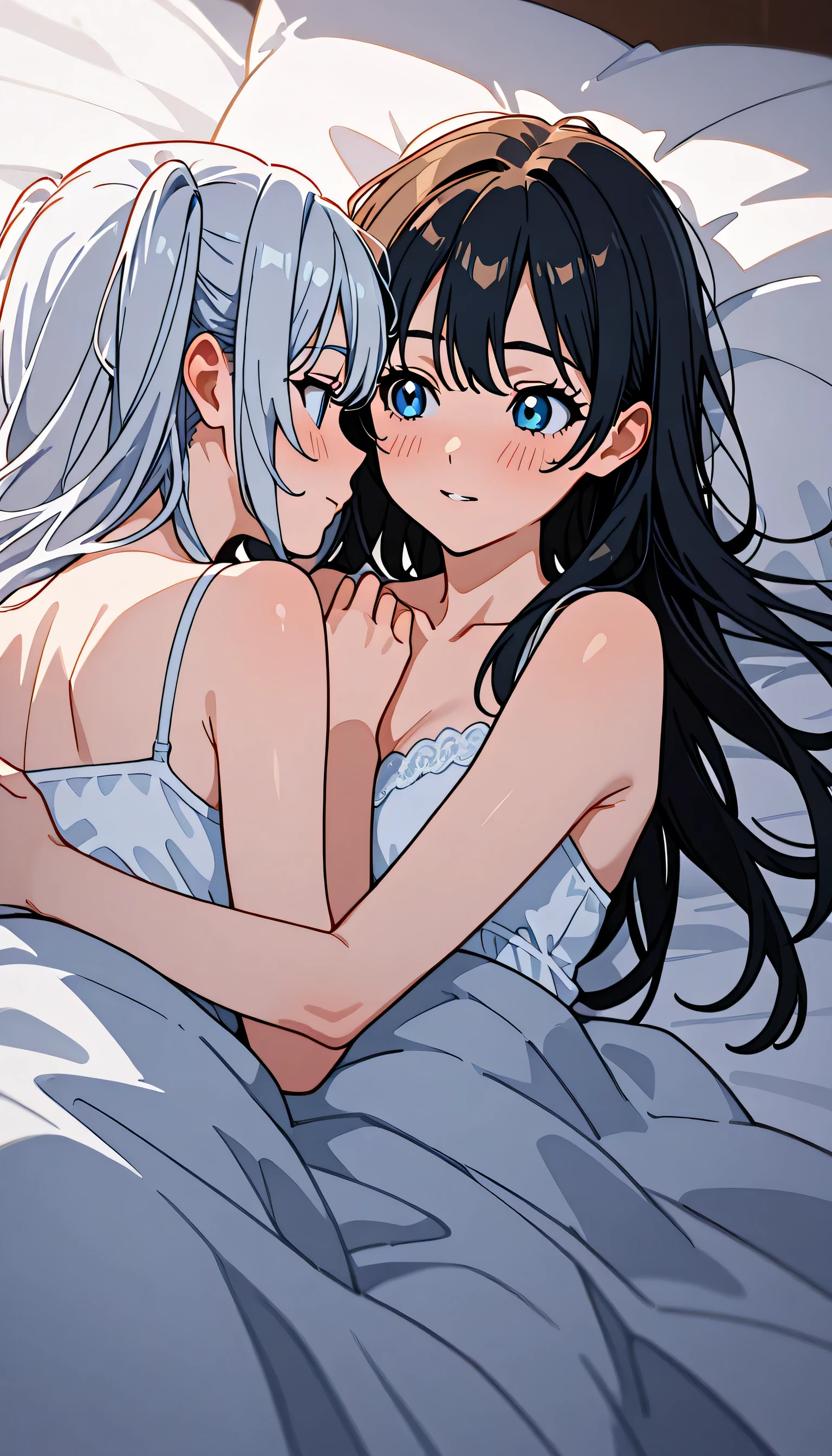 (score_9, score_8_up, score_7_up), source_anime, absurd_res, white, blue, black, 2girls, yuri, couple, duo focus, close-up, anime style, romantic bedroom, soft lighting, bed, cozy pillow, warm atmosphere, holding each other gently, gazing into each other's eyes, romantic mood,
(masterpiece:1.3), (best quality:1.3), (highres), (ultradetailed), (beautiful illustration), clean lineart, soft shading,
(1girl:1.2), silver hair, twin side up, black ribbons in hair, bright azure blue eyes, perfect cute face, calm smile, distinct character design, delicate features, beautiful girl, BREAK
(2girl:1.2), black hair, long straight hair, half updo hairstyle, round glasses, thick distinctive eyebrows, droopy brown eyes, shy smile, distinct character design, adorable girl