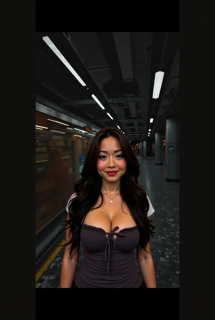 a lovely young woman(age 20) with waist length black hair, big dark eyes, perfect smile, large bust, large butt, slim hips, slim waist, is in a sexy two piece, she is acting seductive for her phone in a bus stop at night. realistic, highest detail, show her head to toe, full body