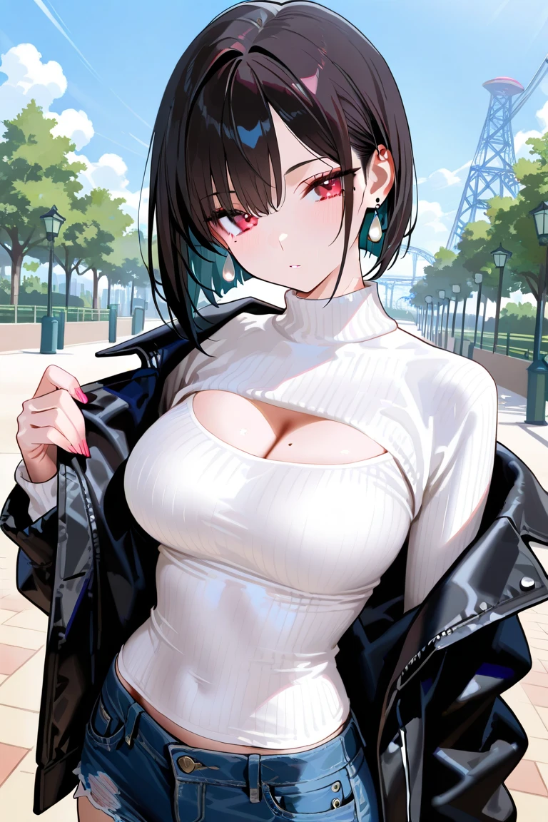 mature woman, mature face, hot face, glossy lips, (black hair, short hair, hime bangs), sunglasses, mature body, big breast, gray tank top, black leather jacket, tight pants, sidewalk, (night)