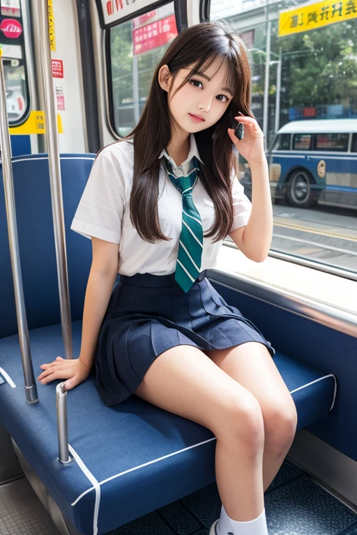 (Realistic, Photorealistic: 1.37), (Masterpiece), (Best Quality: 1.4), (Ultra High Resolution: 1.2), (RAW Photo: 1.2), (Sharp Focus: 1.3), (Facial Focus: 1.2), Elegant, (Full Body: 1.2), Best Quality, Masterpiece, (Realism: 1.2), A Girl, Brown Hair, Brown Eyes, Frontal, Detailed Face, Beautiful Eyes, Pleated Mini-Skirt School Uniform, Sitting at a Bus Stop (1.5), Biting Smile, Lots of Eyelashes, High Heels, very pretty, white Persian cat,
