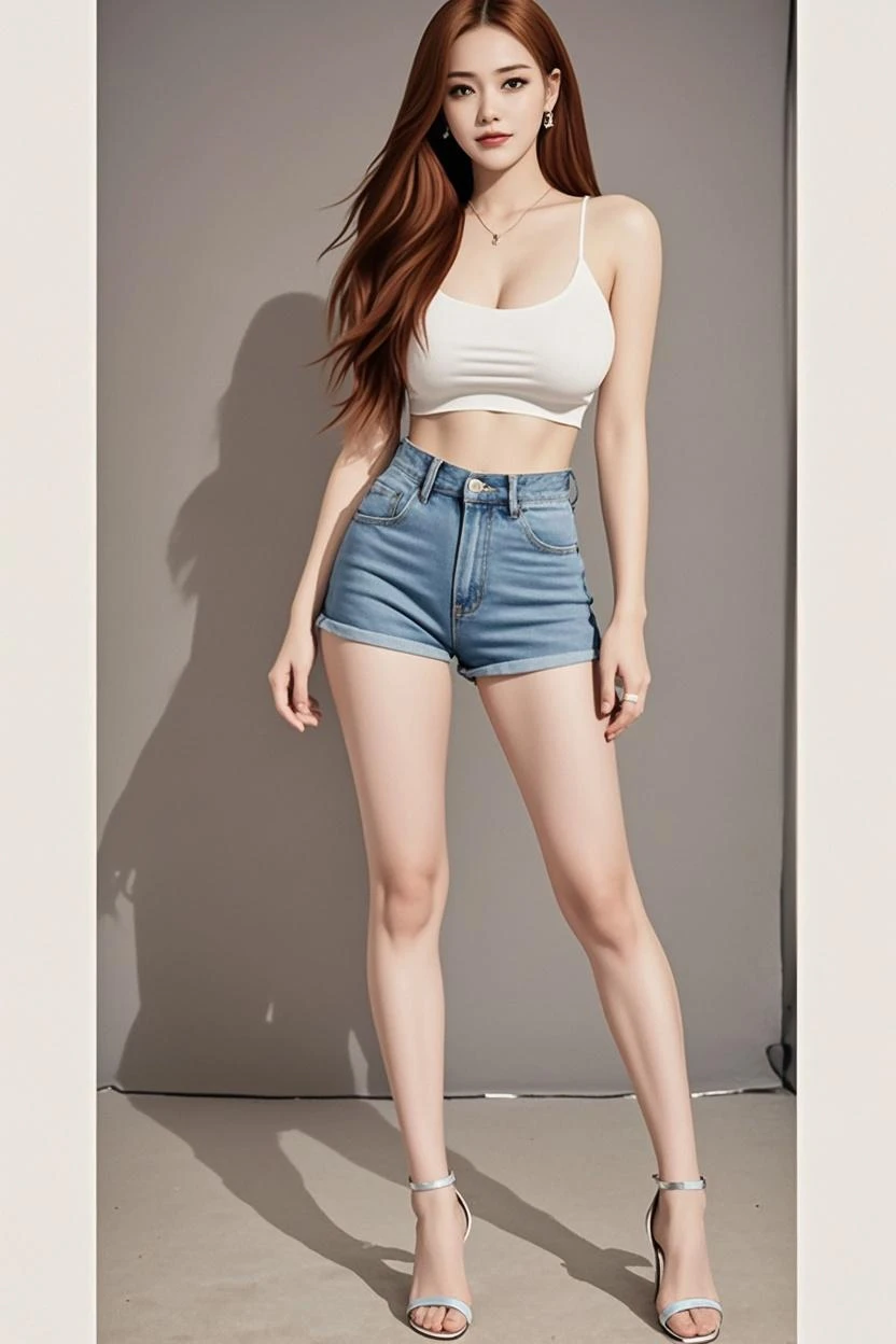 beautiful girl, (perfect face), wet side short hair (blonde) (wet hair), wet face, defined jawline, beautiful green eyes, beautiful lips, sexy, realistic, cropped cleavage shirt and denim shorts, mirror selfie, perfect detailed shoulder, very huge breast, very big breast, teasing, soft natural breast, realistic breast physics, god rays, detailed skin, realistic shadows, unreal engine 5, cinematic color filter, sneaker shoes, night time, light bulb, glasses, standing up, full body pose, heels, detailed bright skin, sexy detailed stomach, belly button, detailed ass, seductive eyes, smirk