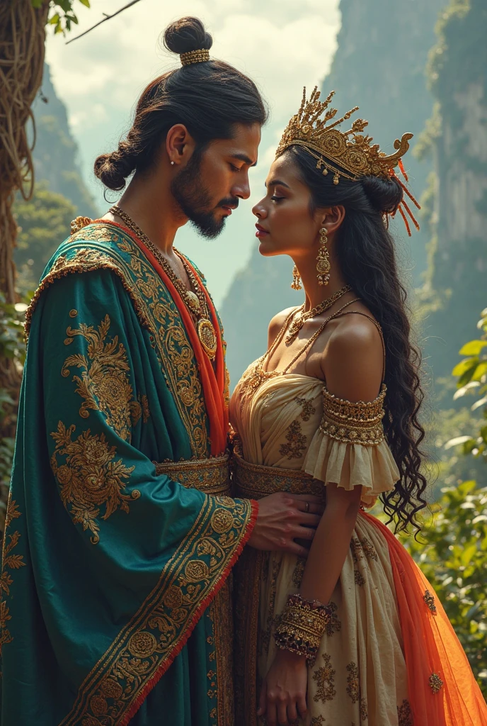 A man age 22 years skin light ash blue, man wearing saffron robe, head with golden crown with one peacock feather. Both sitting in garden. A girl age 22 years with long Brown hair with small golden tiara crown in front single peacock feather, dressed in a lavish yellow smooth silk transparent dress, sitting in garden looking front small of flowers and colors, in fairy style Dream fantasy world