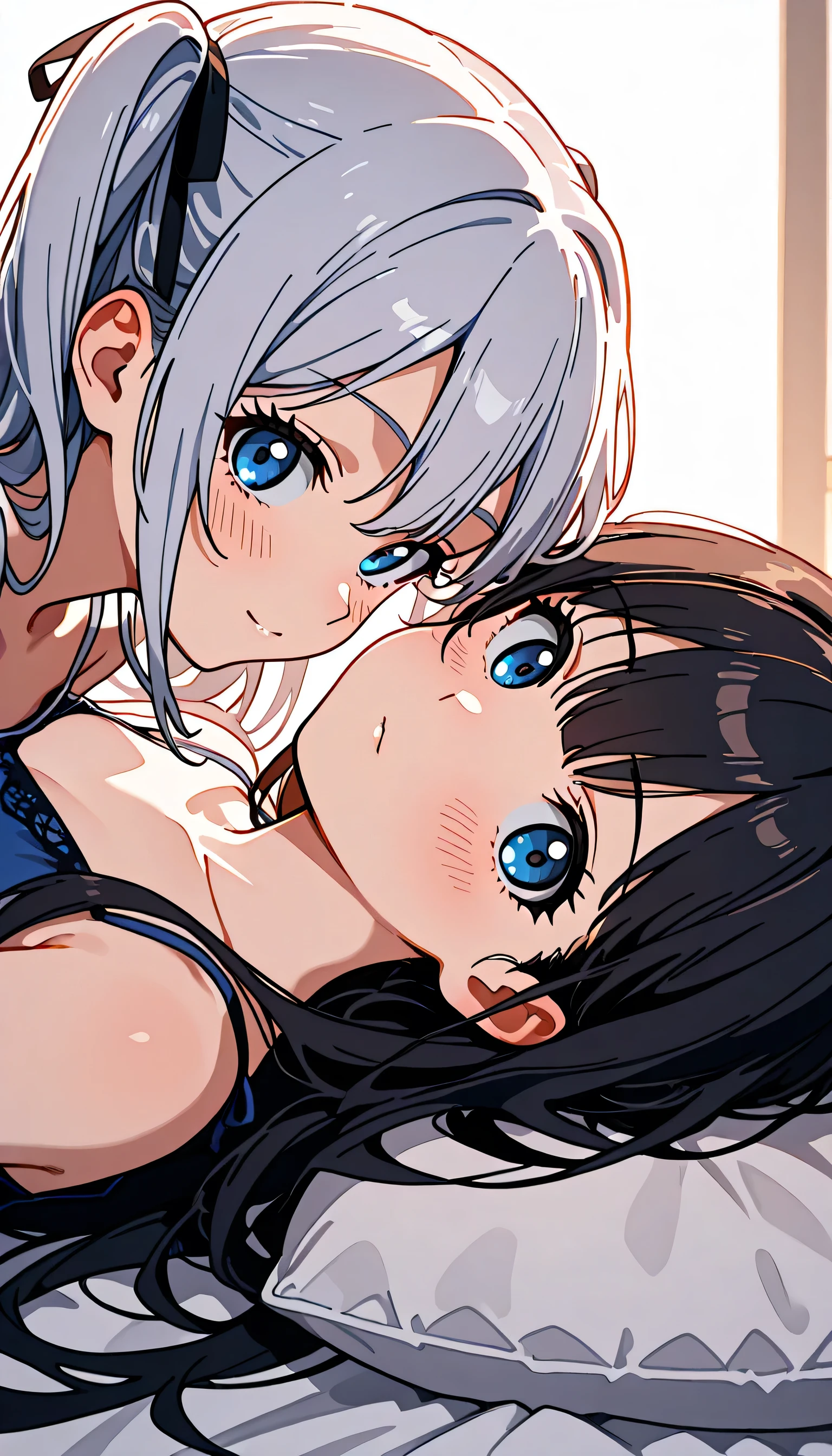 (score_9, score_8_up, score_7_up), source_anime, absurd_res, white, blue, black, 2girls, yuri, couple, duo focus, close-up, anime style, romantic bedroom, soft lighting, bed, cozy pillow, warm atmosphere, holding each other gently, gazing into each other's eyes, romantic mood,
(masterpiece:1.3), (best quality:1.3), (highres), (ultradetailed), (beautiful illustration), clean lineart, soft shading,
(1girl:1.2), silver hair, twin side up, black ribbons in hair, bright azure blue eyes, perfect cute face, calm smile, distinct character design, delicate features, beautiful girl, BREAK
(2girl:1.2), black hair, long straight hair, half updo hairstyle, round glasses, thick distinctive eyebrows, droopy brown eyes, shy smile, distinct character design, adorable girl
