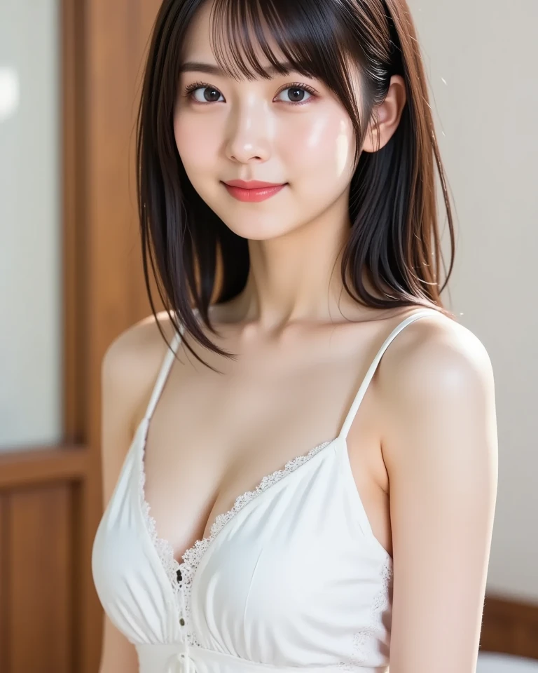 (((Ultimate beauty portrait)))、((Glowing Skin))、One Girl、Beautiful Japanese girl、Bright expression、((Brown Hair))、(Cleavage)、(Mini Cart:1.5)、((Big eyes that shine like jewels))、Open the clothes、pantyhose、Glowing Skin、(Medium Hair)、(Smooth ponytail hair)、(Are standing)、(From below)、Under the skirt、(From below下着のクローズアップ)、eyeliner、Beautiful Bangs、Hair between the eyeasterpiece、最high quality、Super detailed、Film Light、fine、High resolution、Very detailed))、Detailed Background、8 Commercial Code、Digital SLR、Soft Light、high quality、Film Grain、Shallow depth field、Natural soft light、Sexy open-necked clothing、Belly button、Small breasts、Thin fabric camisole、Upper body portrait from the knees up