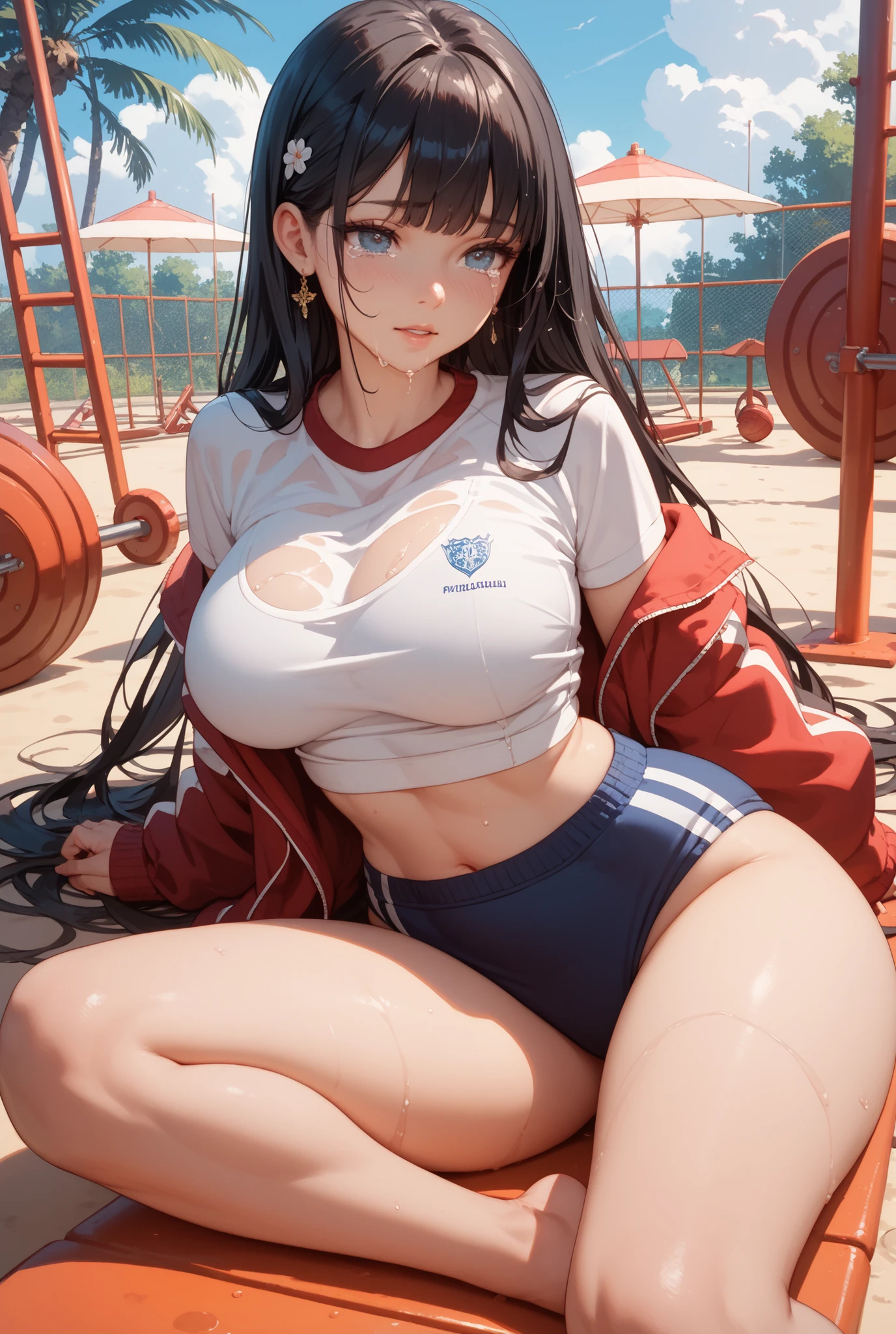 A Beautiful girl, in sport shirt, big chest, hot expression, clear face, full body, long hair, so tired with many sweat