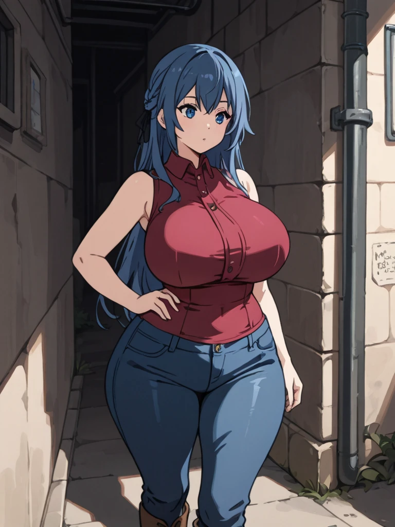 a woman wearing a Tifa Lockhart outfit, on a porch of a house, smiles, eye red
