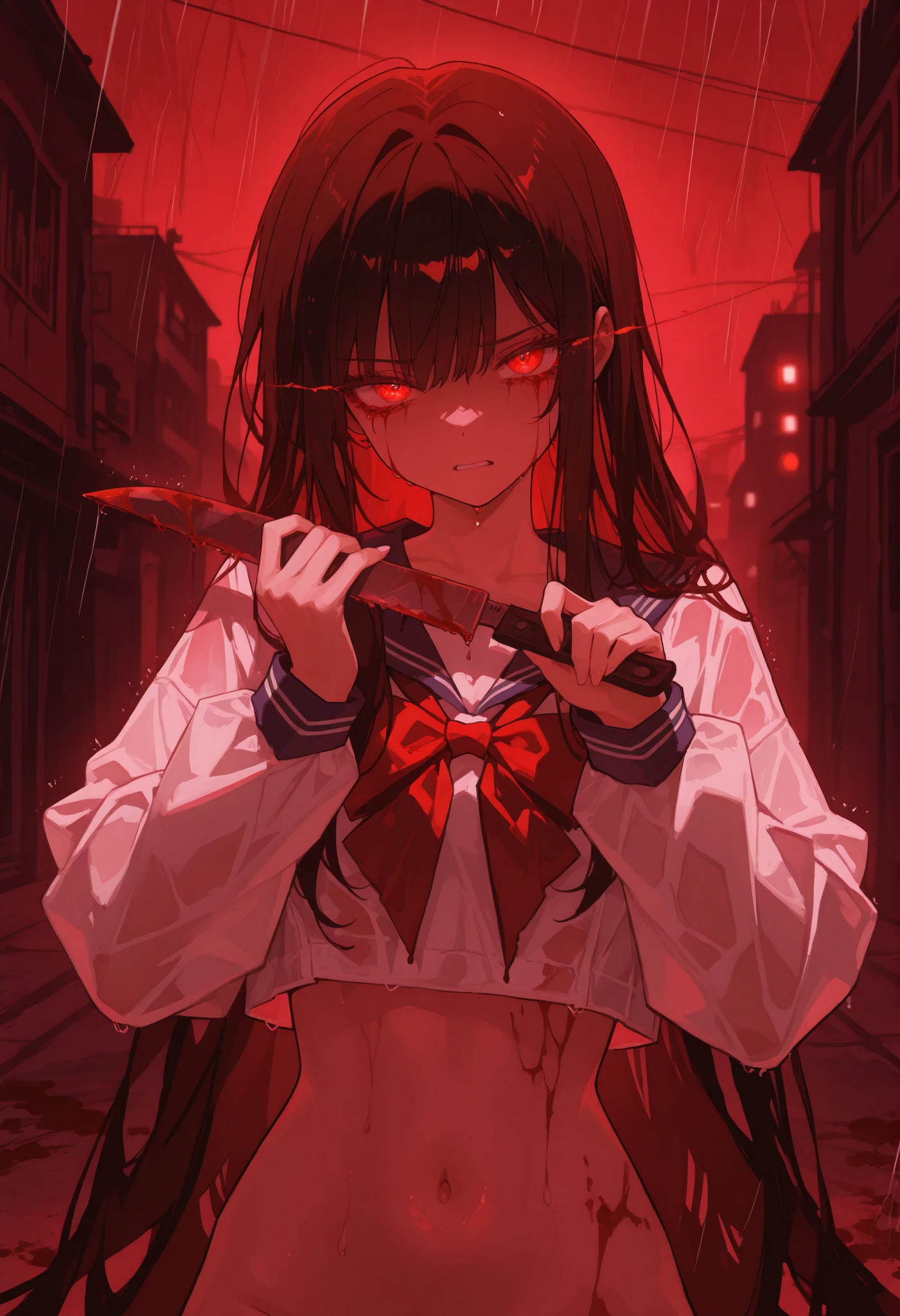 masterpiece, best quality, looking at viewer, facing viewer, bare legs, 1girl, solo, upper body, bow, serafuku, disgusted face, night time, heavy rain, outdoors, city, crop top, navel, wet clothes, drenched, overly long sleeves, hands in sleeves, blood tears, blood marks, dark alleyway, blood splattered on the ground, red bright light, glowing eyes, depth of field