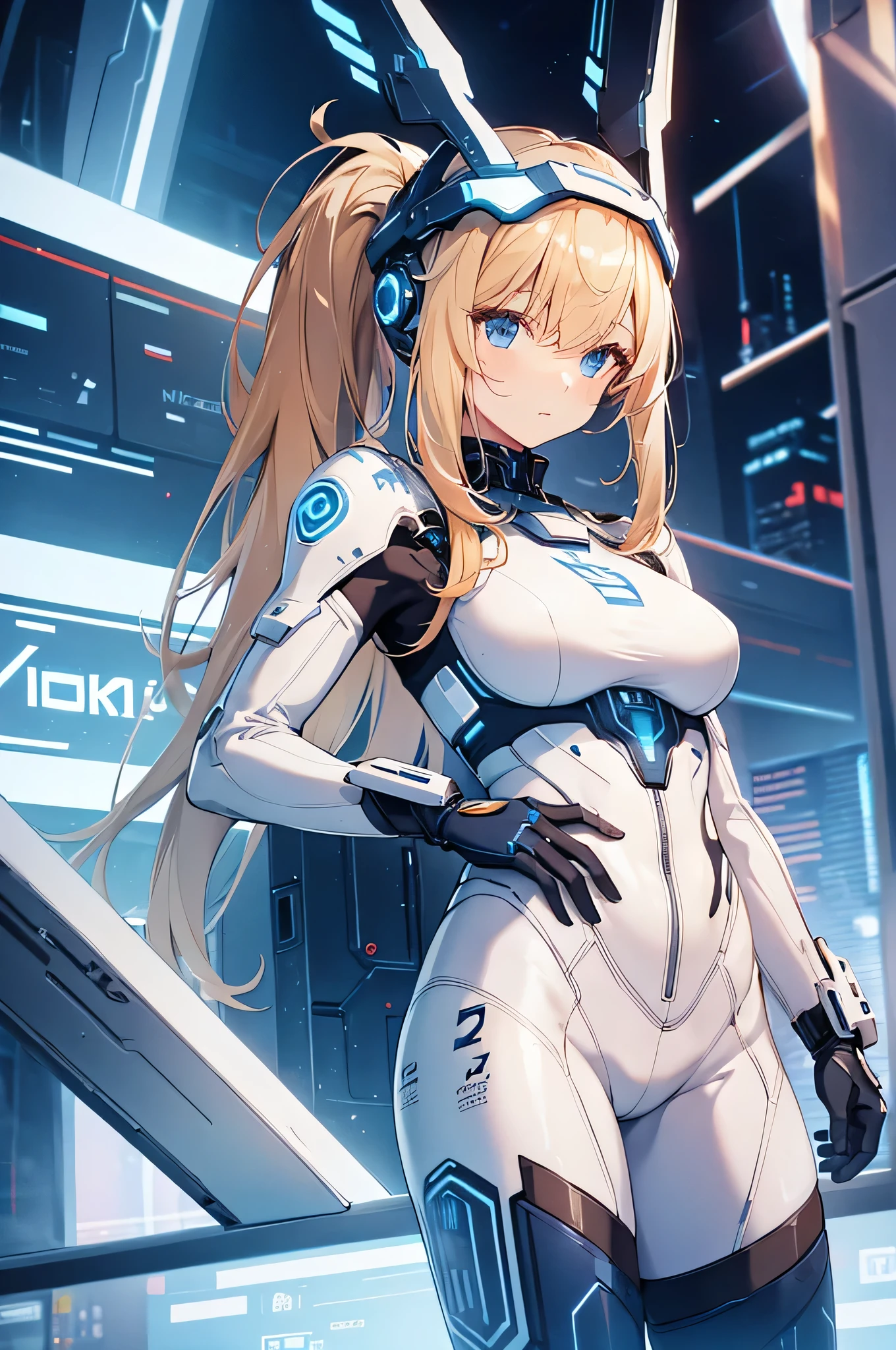 masterpiece:1.4, 1girl in ((20yr old, Wearing a futuristic white and silver costume, Tight Fit Bodysuit, long boots, Very gigantic-breasts, Multicolored blonde hair, a short bob, Perfect model body, Blue eyes:1.4, Wearing headphones, Flirting, Looking out the window of the futuristic sci-fi space station、While admiring the beautiful galaxy:1.2, SFSF control room on night background:1.1, Neon and energetic atmosphere:1.2)) ((Galaxy)) ((Solo:1.6))