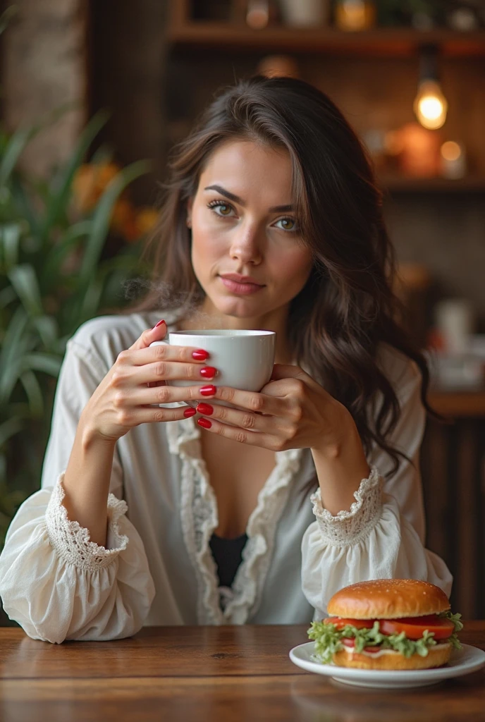 woman in red dress sitting at a table with a cup of coffee, attractive woman, woman drinking coffee, attractive female, enjoying coffee at a coffee shop, sitting in a cafe, drinking coffee, sitting on a mocha-colored table, drinking a coffee, attractive girl, cute woman, in a coffee shop, gorgeous woman, gorgeous female, attractive face and body