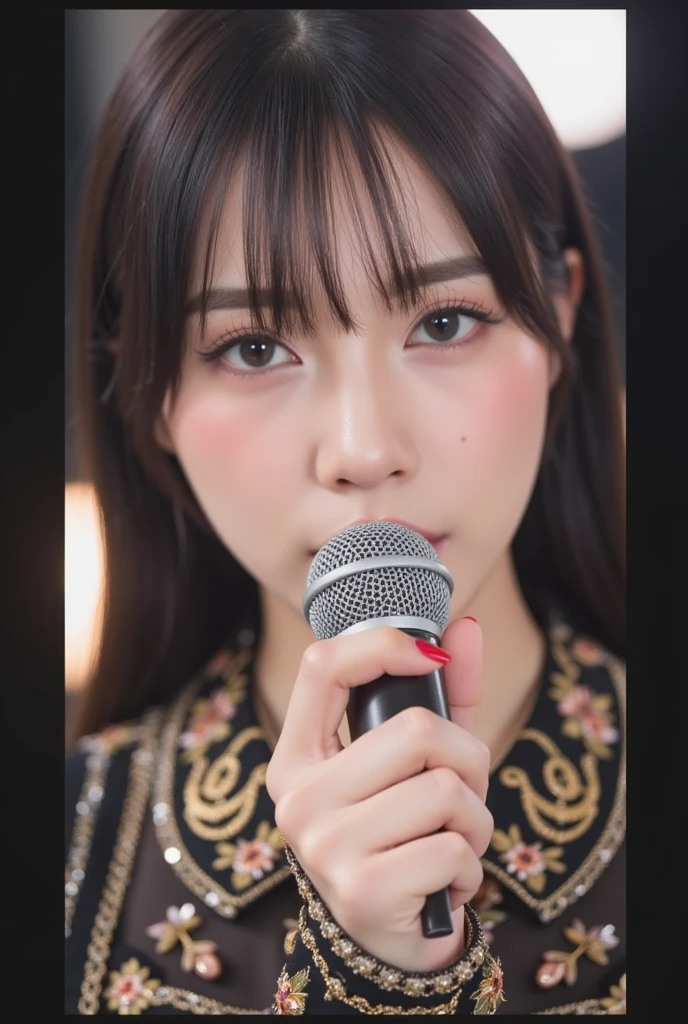 (masterpiece:1.3), High resolution, Super detailed, Highly detailed CG Unity 8k wallpaper, Realistic, photo-Realistic, RAW Photos, Beautifully detailed face, Pale skin, Realistic glistening skin, Detailed cloth texture, Detailed hair texture, Perfect body, Beautiful Face, Accurate, Anatomically correct, Highly detailed face and skin texture, Natural neck length, (Beautiful Hands), (Fair skin:1.1), (Good teeth alignment:1.1), (Sweaty skin:1.2), BREAK, Fine grain, Symmetrical eyes, Light brown eyes, double eyelid, Thin eyebrows, (Glossy Lips:1.4), ((A face waiting for a kiss:1.2)), (blush:1.1), (Sparkly little hair accessories:1.1), (Beautiful smile:1.1), (Holding a microphone:1.3), BREAK, (An elegant and cute 15-year-old junior idol:1.3), (nude, nsfw, Very erotic nipples:1.4), baby face, BREAK, small breast, Slim figure, Toned Abs, ((Half Up, Black Hair, bangs:1.2)), (Cowboy Shot:1.2), (View your viewers), Cowboy Shot, From above, BREAK, (Singing on stage:1.3),Harajuku、20 years girl、Cute、Sexy shot looking at camera
