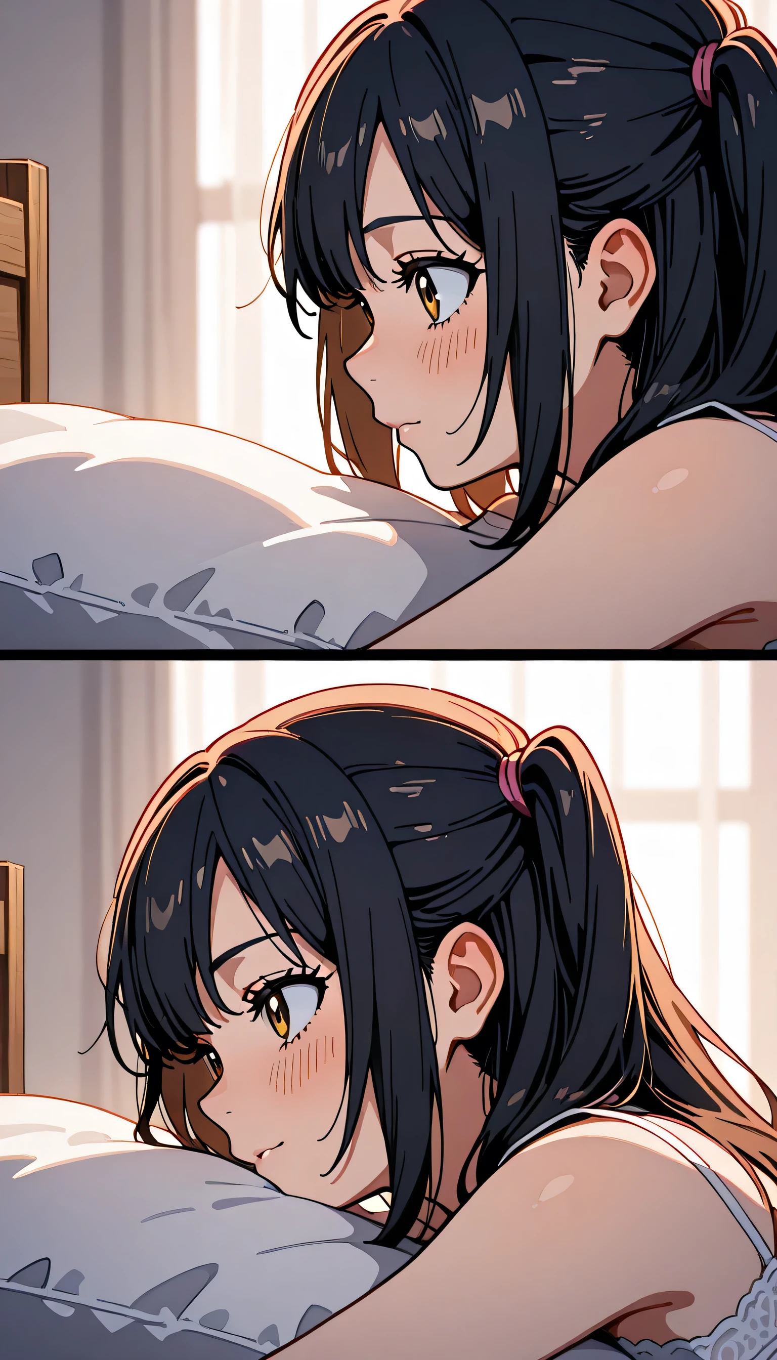 A mature woman with very long black hair with white highlights,white horns,green eyes, devil tail, Wearing just a white nightgown lying on top of a boy with black hair,in a ((bedroom)), blushing girl,shy girl, medium breasts, ((night time)), black hair boy, 1boy, 1girl, kissing, ((couple))