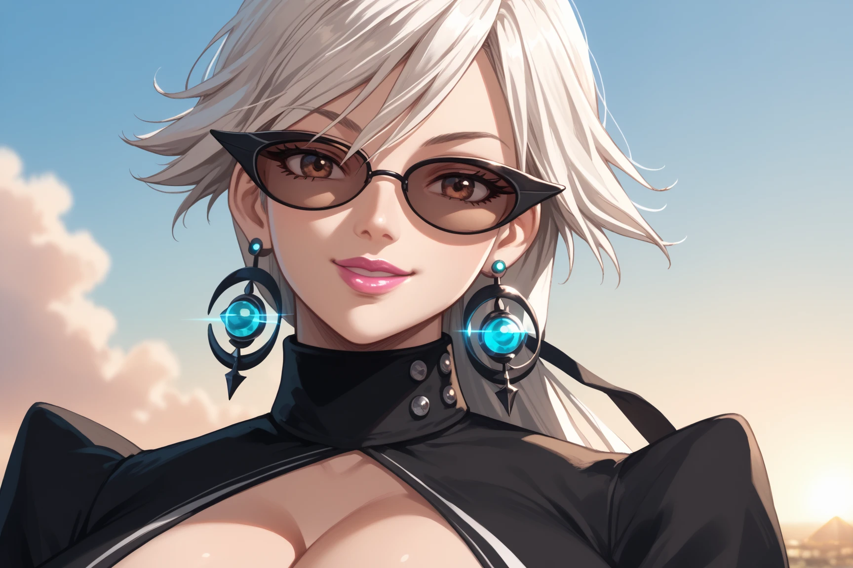 Busty woman ,  green eyes white hair blue sunglasses