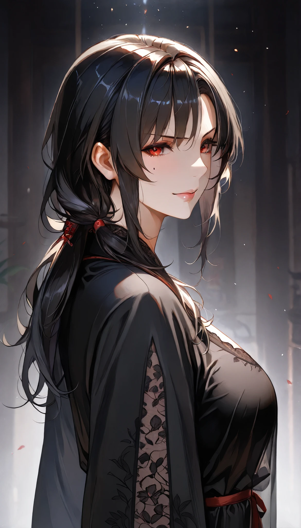 SOLO, A Female,Mature flavor,Serious,frown, Perfect body,Chinese Black long hair, Wearing A Black Chinese Robe(Hanfu type), In the Chinese classical Garden,Open Pose,Light smile,UHD, anatomically correct, masterpiece, textured skin, high details, highres, 1080P, 16k, accurate, Beautiful face, Perfect face, Highly detailed beautiful face and eyes, Attractive face, Detailed face, Delicate facial features, Detailed skin,From Side,Close-up,Upper Focus,Look Back,(((hbig bosom)))