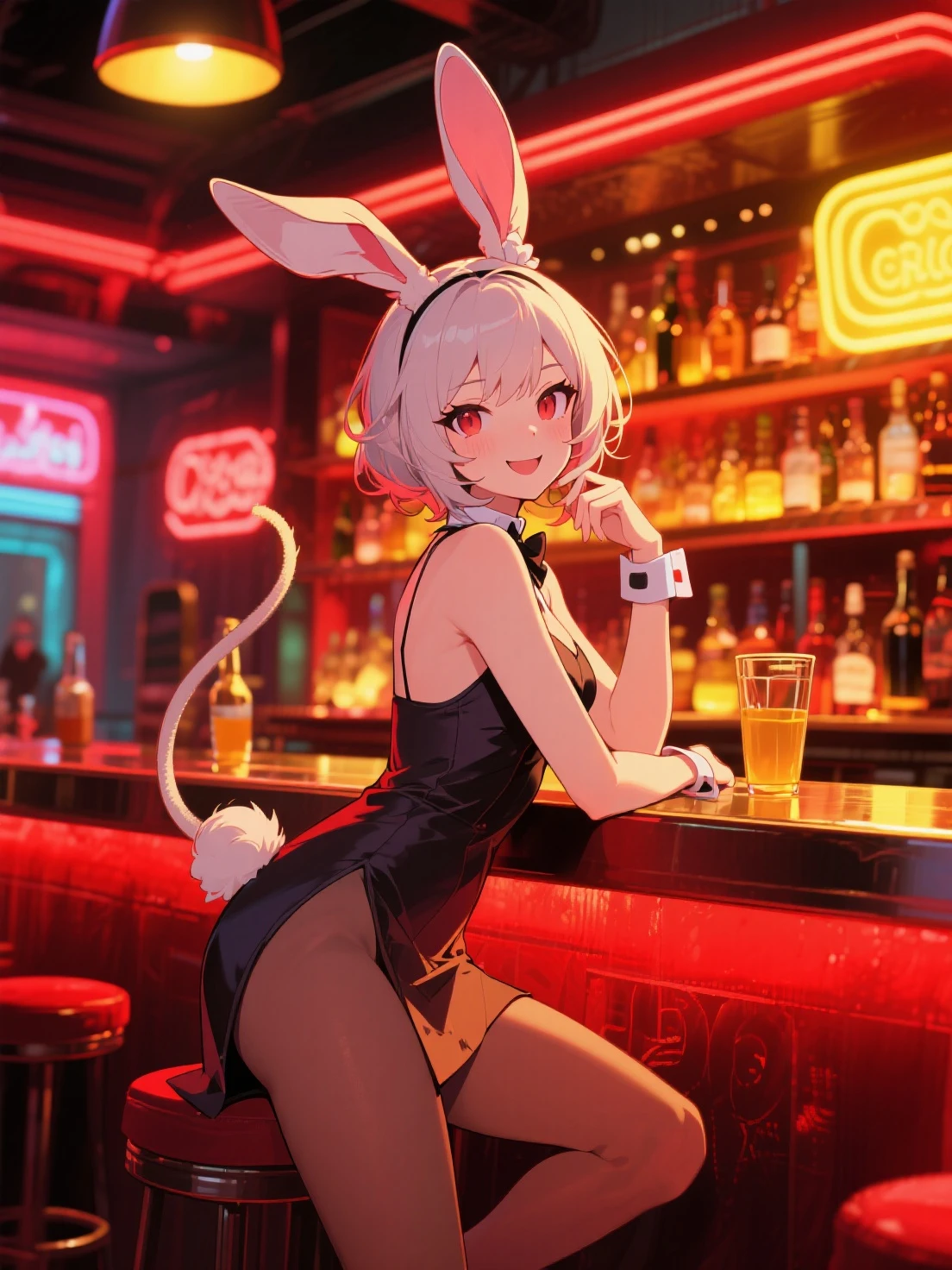 masterpiece, best quality, high resolution, extremely detailed CG, absurdres, highres, expressive eyes, perfect face, 1girl, a cute sexy girl in ((bunny_suit)), kawaii, casino, night club, sexy_posing, fishnet_thighhighs, large_breasts, ((wine)) ,((detailed_background))