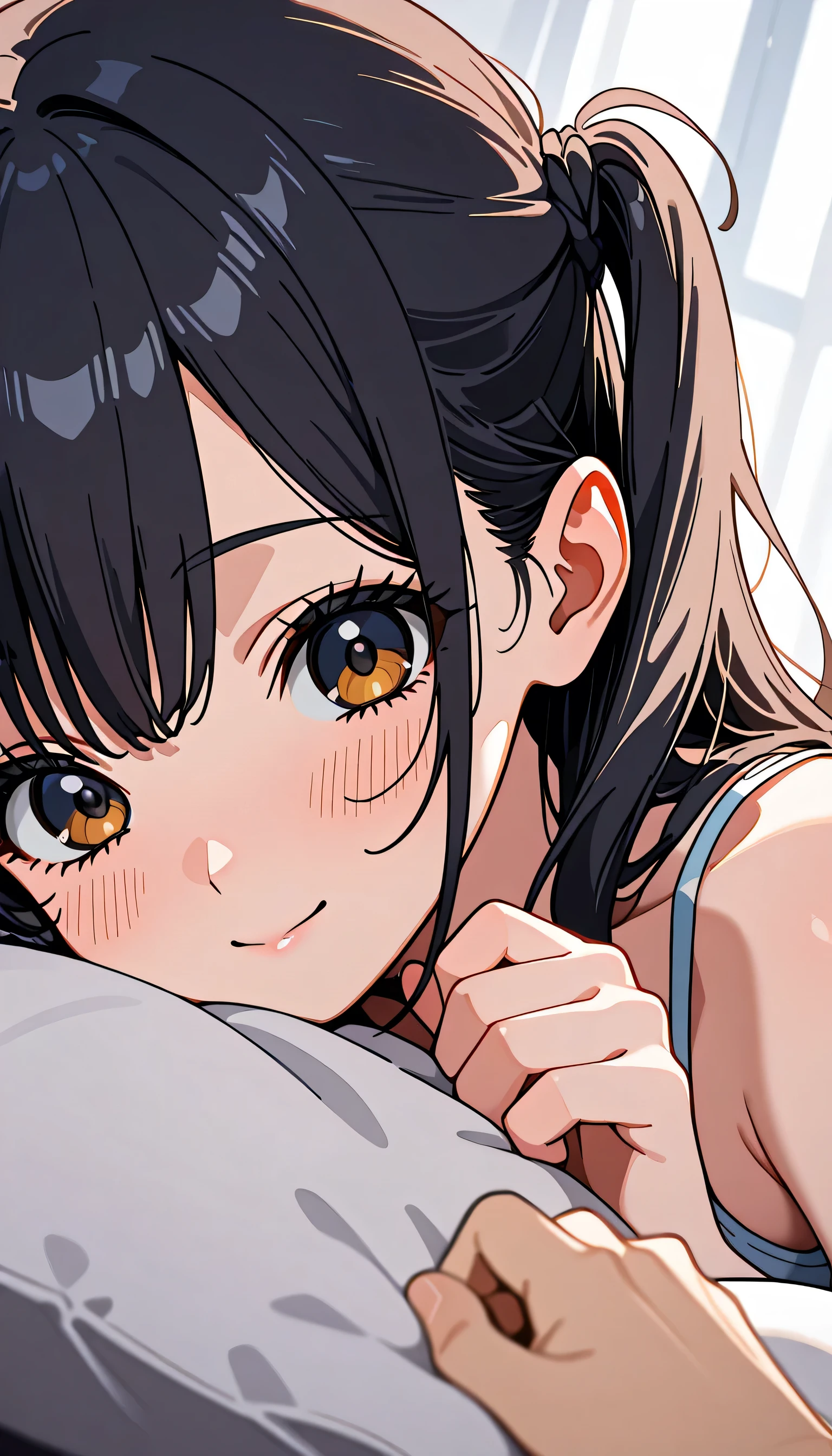 (score_9, score_8_up, score_7_up), source_anime, absurd_res, white, blue, black, 2girls, yuri, couple, duo focus, close-up, anime style, romantic bedroom, soft lighting, bed, cozy pillow, warm atmosphere, holding each other gently, gazing into each other's eyes, romantic mood,
(masterpiece:1.3), (best quality:1.3), (highres), (ultradetailed), (beautiful illustration), clean lineart, soft shading,
(1girl:1.2), silver hair, twin side up, black ribbons in hair, bright azure blue eyes, perfect cute face, calm smile, distinct character design, delicate features, beautiful girl, BREAK
(2girl:1.2), black hair, long straight hair, half updo hairstyle, round glasses, thick distinctive eyebrows, droopy brown eyes, shy smile, distinct character design, adorable girl