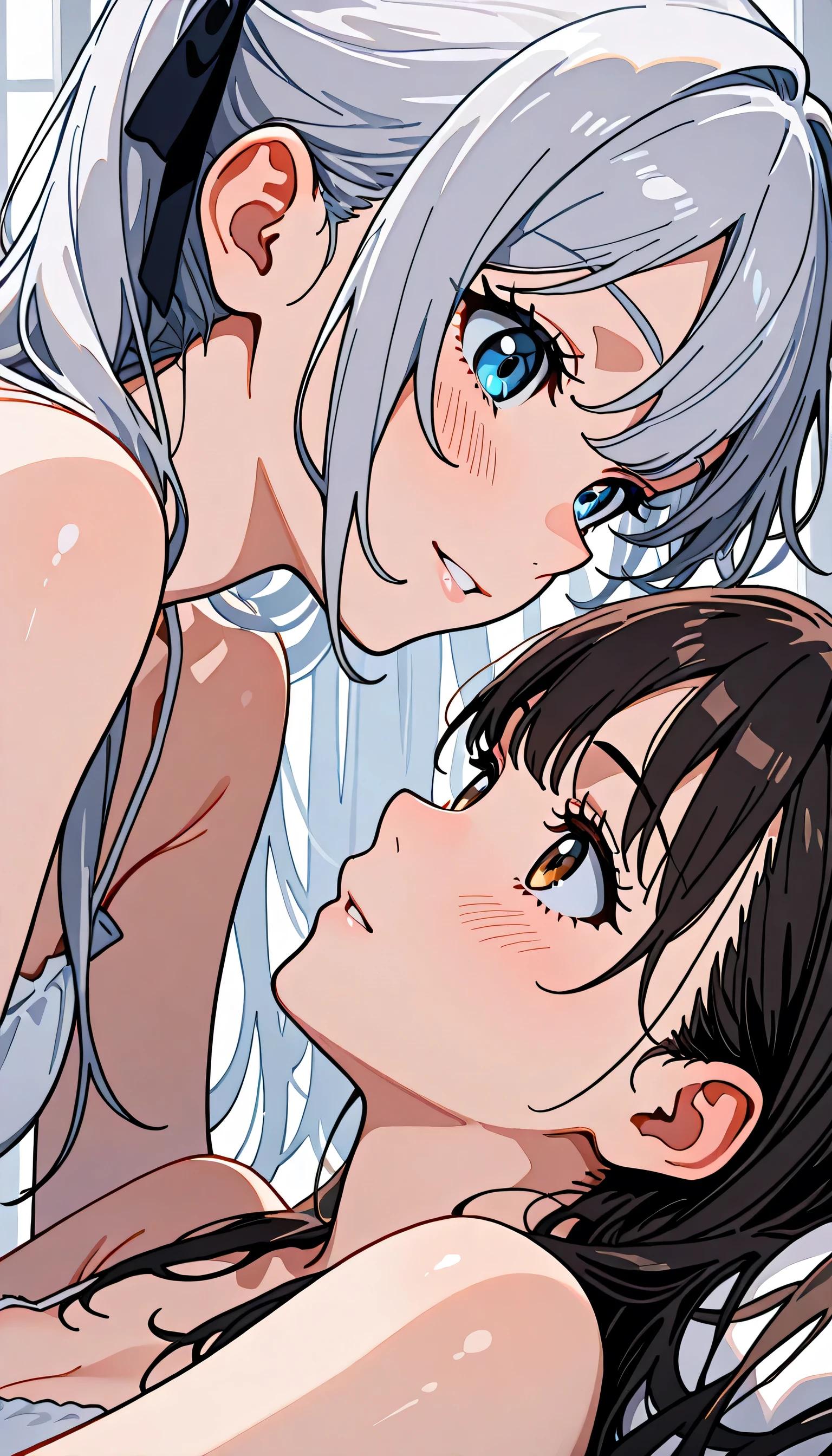 (score_9, score_8_up, score_7_up), source_anime, absurd_res, white, blue, black, 2girls, yuri, couple, duo focus, close-up, anime style, romantic bedroom, soft lighting, bed, cozy pillow, warm atmosphere, holding each other gently, gazing into each other's eyes, romantic mood,
(masterpiece:1.3), (best quality:1.3), (highres), (ultradetailed), (beautiful illustration), clean lineart, soft shading,
(1girl:1.2), silver hair, twin side up, black ribbons in hair, bright azure blue eyes, perfect cute face, calm smile, distinct character design, delicate features, beautiful girl, BREAK
(2girl:1.2), black hair, long straight hair, half updo hairstyle, round glasses, thick distinctive eyebrows, droopy brown eyes, shy smile, distinct character design, adorable girl