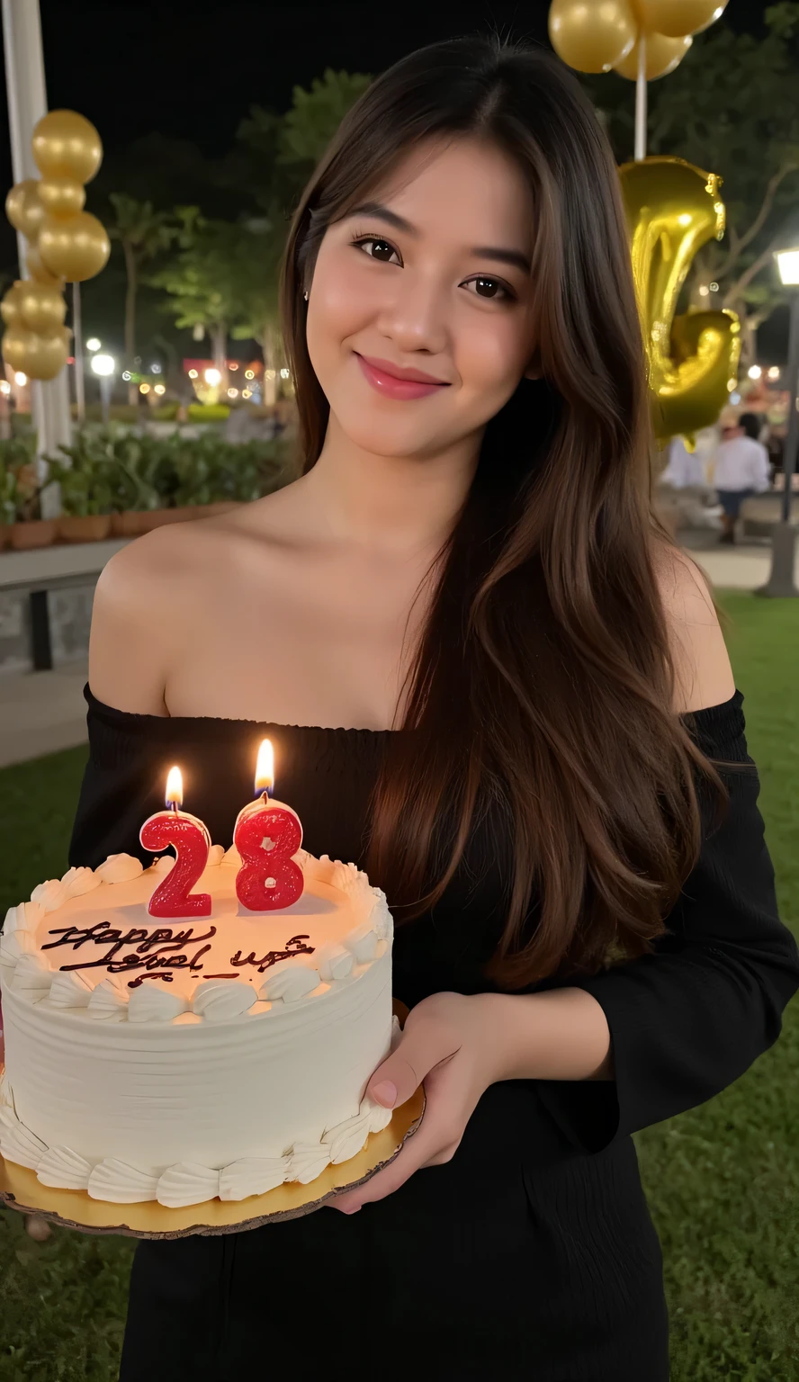 A beautiful indonesian female. 25 years old, Indonesian face. Long straight hair, loose hair, brown hair, side swept bangs. Curvy body, white skin, big breasts. wearing black off shoulder dress. Above view, facing forward. Above view, high angle, close-up. Standing, holding a birthday cake, "Happy Level Up" writing in the middle of cake, red birthday candle number "28" on cake. smile showing teeth, head tilted slightly, looking at viewer. In the park at night, background overlooking a birthday decorations, golden balloons, dim light. Overall very detailed, Hyper quality image. HD resolution. Ultra high realistic image. 16k. Ultra details. Soft saturation