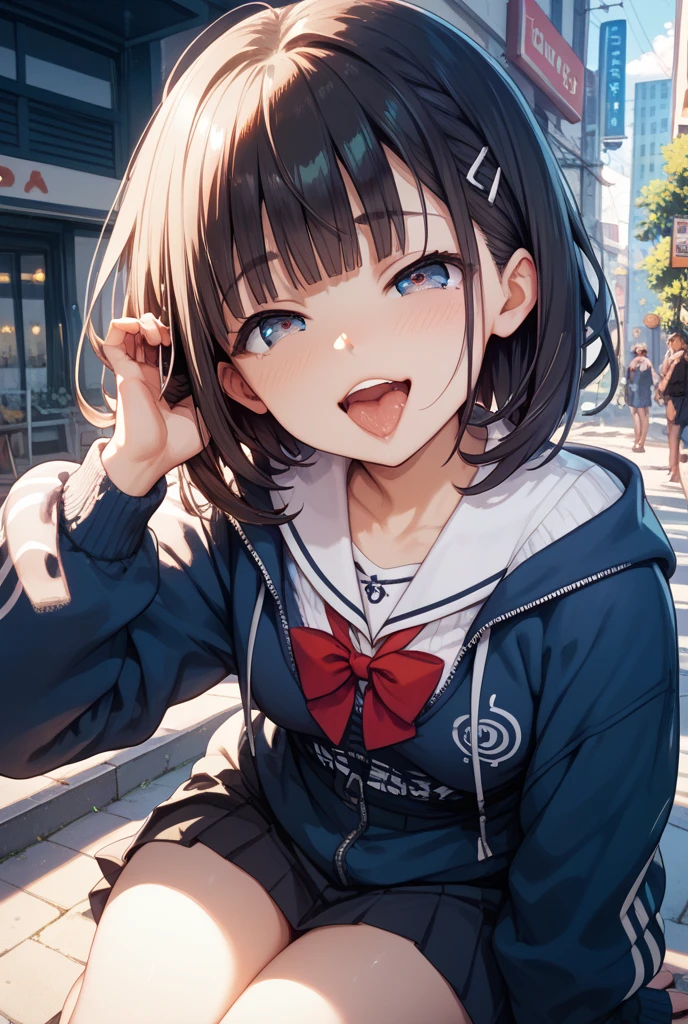 Short black hair and dark eyes、primary school student, girl、Small Breasts、Smile、、knitted cardigan、There are bright spots around the eyes、cute hairpin、I can see the whole body、School