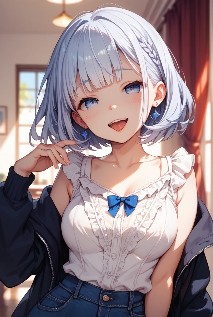 masutepiece, Best Quality, hight resolution, 1 married woman, (Full body/Portrait/Fulll body Shot/Bust Focus) ((Sheer white skin:1.3)) Glamour Blue eyes poneyTail ((silber hair:1.5)) drooing eyes natural make up Business District salmon pink lipstick Housewife appearance