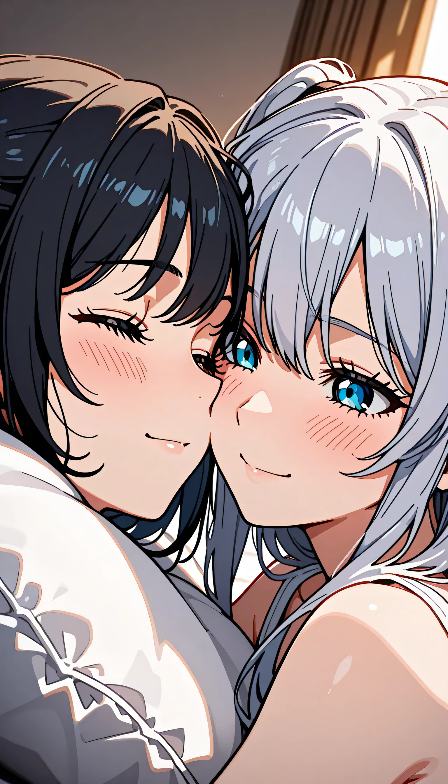 (Best quality, 8k, 32k, Masterpiece, UHD,:1.2),RAW, (((2girl))),ultra cute , natural lighting,transparent shining eyes, 20yo ,fair complexion, (ecstasy:0.8) ,(slut:0.8), (vulgarity:0.8), (fucked silly:0.8),(steam:0.8),(trembling:1.3)),((Nightgown )) , ((White backgroud)), face Closeup, Closeup face, head shot, Cleavage, shiny, kiss, kissing, French braid, hugging, hug From back