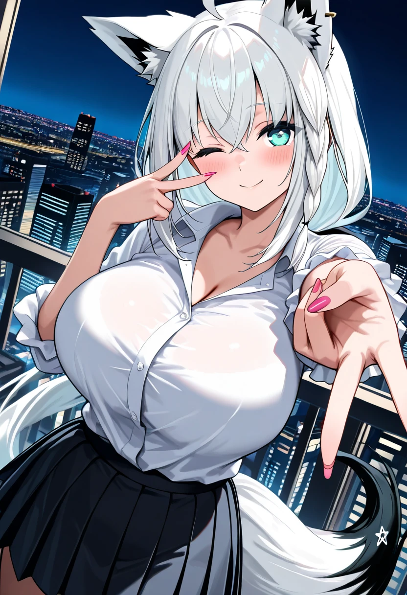 one sexy white hair anime girl sit and studying, big breasts cleavage, night outside