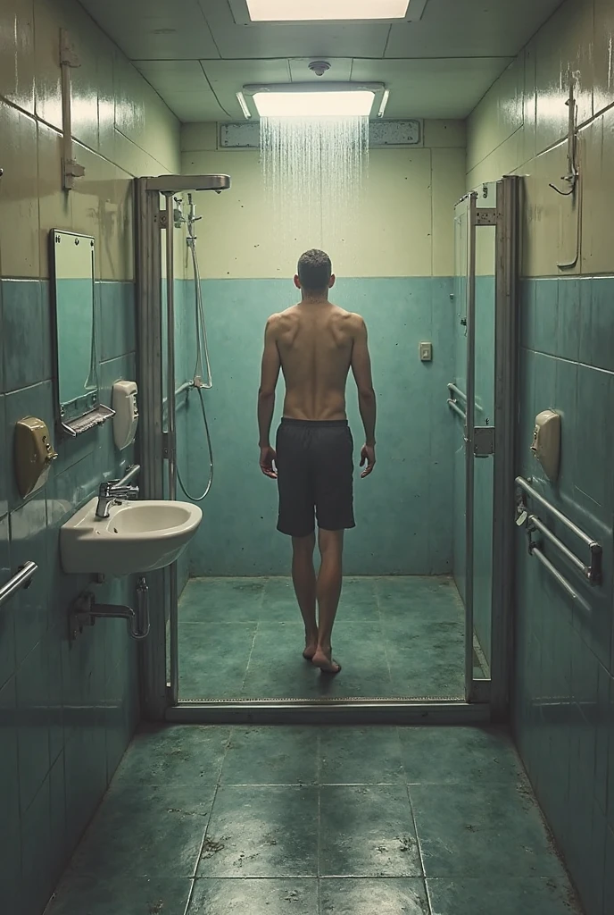 a pubescent boy getting wet/getting soaked with the full wet diver (chicken, pants, socks and shoes) in the shower all wet and dripping
