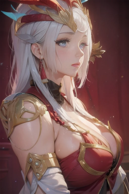 fighting stance,1girl,(ultra detailed skin),curvy,petite,beautiful breasts,large breasts,pale skin,pointy breasts,erect nipples,(fantasy art,Highest image quality,Hyperrealist portrait,(8k),ultra-realistic,best quality, high quality, high definition, high quality texture,high detail,beautiful detailed,fine detailed,extremely detailed cg,detailed texture,a realistic representation of the face,masterpiece,Sense of presence,Dynamic,bold),(thin hair),(soft hair),(straight hair:1.5),Swept long bangs,extra light coppery amber hair,hair over one eye,((clothed:1.5),leather boots,leather gauntlet,(santa dress armor:1.5),(long silk sarong:1.5))),mecha musume,girl