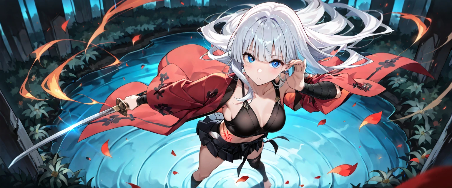 U-410 type_\(azure_Lane\),gray hair,long hair, red eyes, choker, one piece_swimsuit,underboob, gloves, bare shoulders, smile,in water, cowboy shot, From above,, masterpiece, highest quality, highly detailed face, sharp details, high contrast,