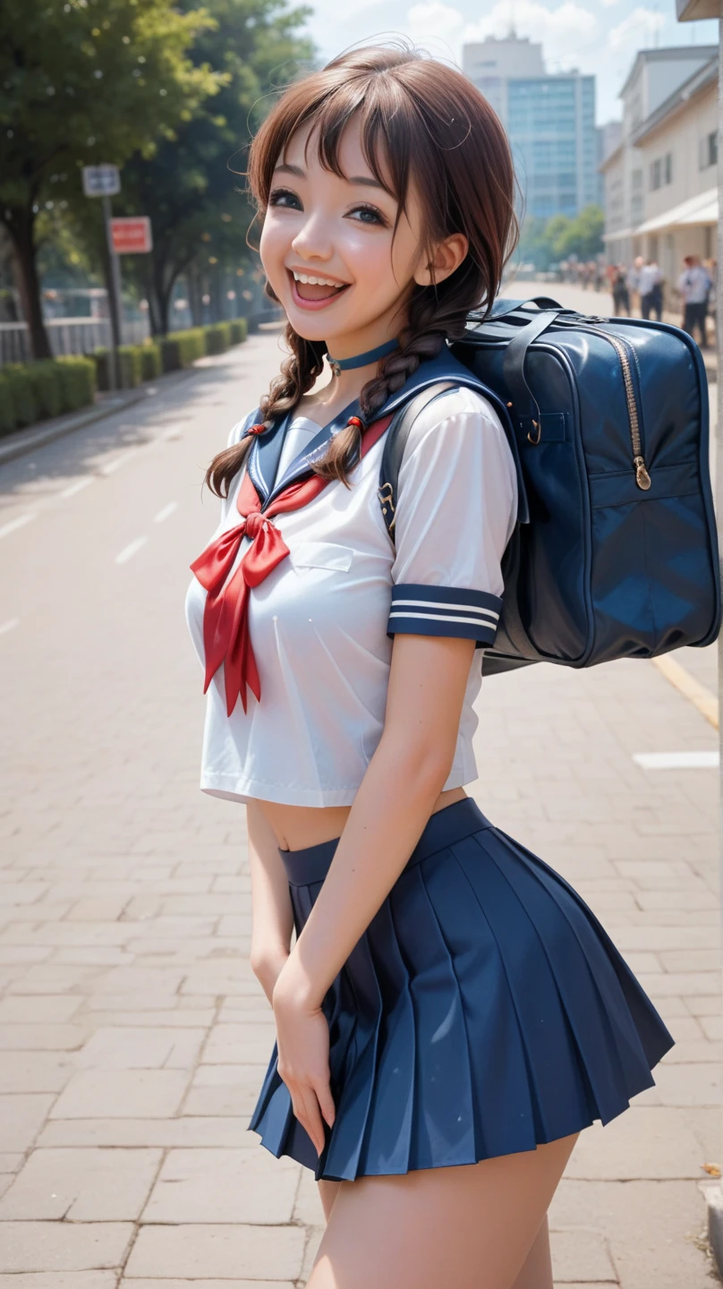 ((Many female students:1.5)), 16 years old, Grin, Low length, Japanese, (((Short sleeve white collar shirt:1.5,Navy blue checked mini skirt:1.5,Red checkered bow tie on chest,Black underwear:1.5))), (Big Ass:1.5), (Super huge boobs:1.5), Huge breasts, bulging udder, (Chubby:1.2), Glowing Skin, Baby Face, Porn Pose, Full body portrait, In a crowded train:1.1,