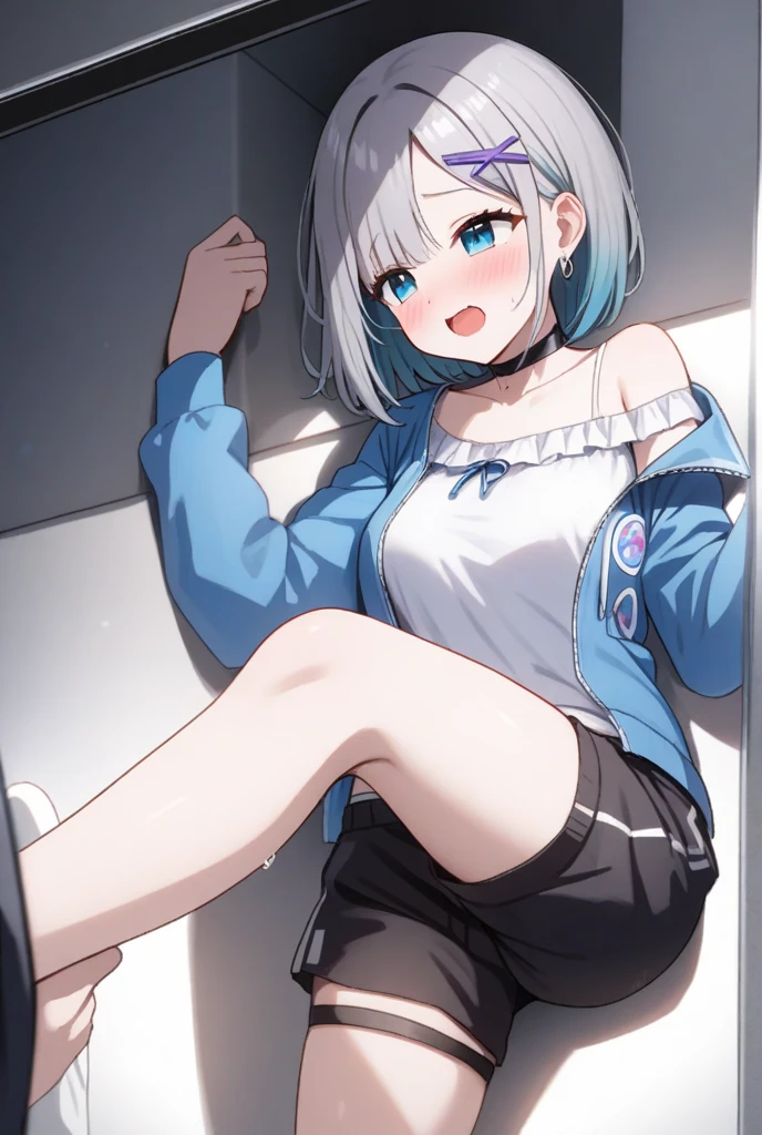 masuter piece, Best Quality,32K、Wallpaper, ultra -detail, Absurd beauty, 1beautiful girl、Big crisp eyes、Slender legs、Make your head smaller、miscievous smile、Angle looking up from below:1.2、♡♡♡、(Seated Pose)、thighs thighs thighs thighs、Medium short hair、inside in room