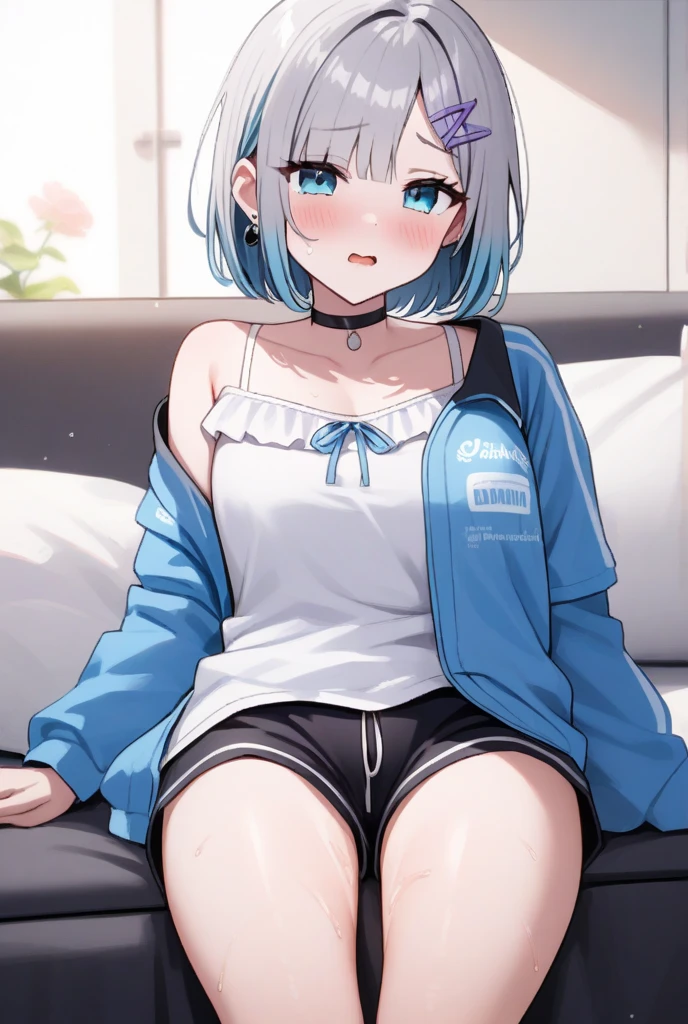 1 girl, rusk, vrchat, black hoodie, flat chest, bedroom background, blue hair, short hair, blue eyes, cat girl, 2d, 2D, masterpiece, ((raytracing)), trending on artstation, intricate details, detailed, intricate, without pants, little girl, small height, (night), (camel toe), ((sitting on bed)), spread legs, ((white panties)), black stockings, (high detailed shadows), striped panties, ((panties is visible)), hairclip