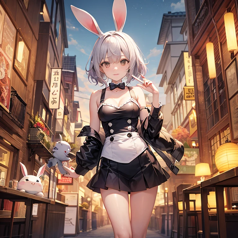 anime character Bunny ears付き and a black bodysuit standing in a city street, Fishnet tights、Bunny girl, サイバネティックなBunny earsを着けている, Playboy Bunny, Bunny ears付き, Bunny Punk, with big Bunny ears, Bunny Suit, Lola Bunny fan art, with long floppy Bunny ears, Kagamine Rin, Bunny ears, Playboy Style, thug_character, wearing a Bunny Suit