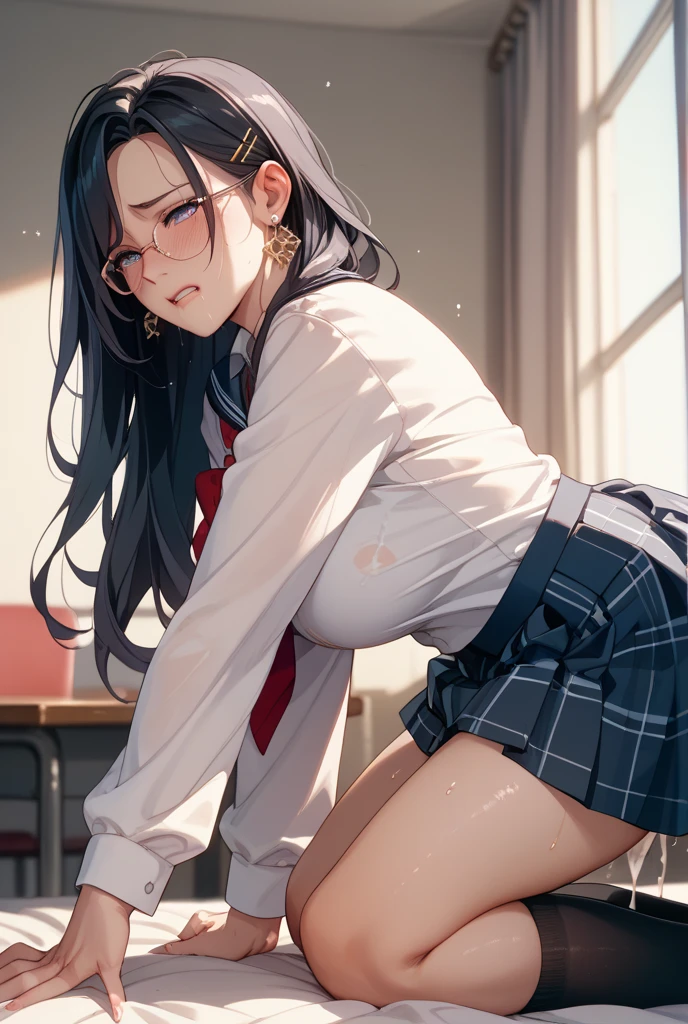 ,score_9, score_8_up, score_7_up,best quality,1girl,black hair,long hair,blunt bangs,red-framed eyewear, (medium breasts),
,,blazer , white shirt, necktie,(hair ornament), closed eyes,(angry:0.7)
,looking at viewer,plaid skirt,spread legs,
,panties,legwear,loafers,squatting,(sweat:1.1),masturbation, fingering through panties,
, outdoors,blush,orgasm,against wall,(pussy juice:0.9), heavy breathing,(covering own mouth),
(skirt lift:0.9),trembling,