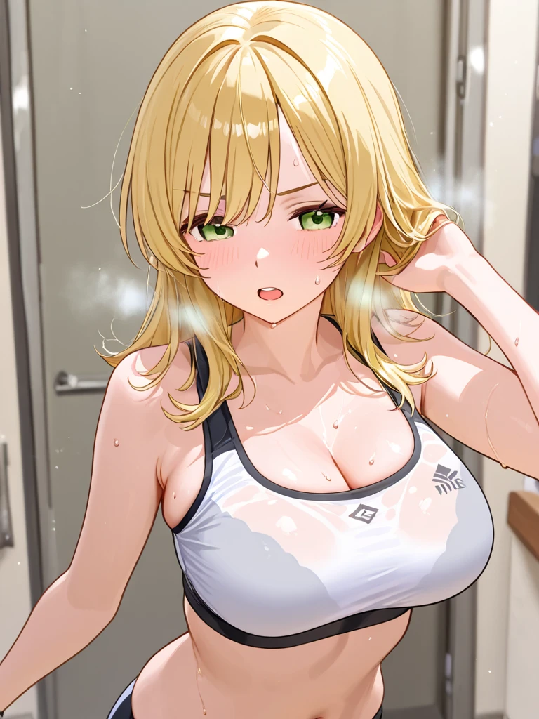 (1girl, little cocon \(umamusume\), umamusume), (curvy), skinny, Highest quality, Super detailed, masterpiece, Ultra-high resolution, 8K, Embarrassing, blush, Open your mouth, drooling, (arms behind head), (off shoulder white tank top), (micro mini skirt), (Sticky panties), (cleavage), The skirt is accidentally exposed,large breasts, (crop top navel), black thigh highs, (waist line), Accidentally exposed panties, Shower room,((black blindfold)), front view