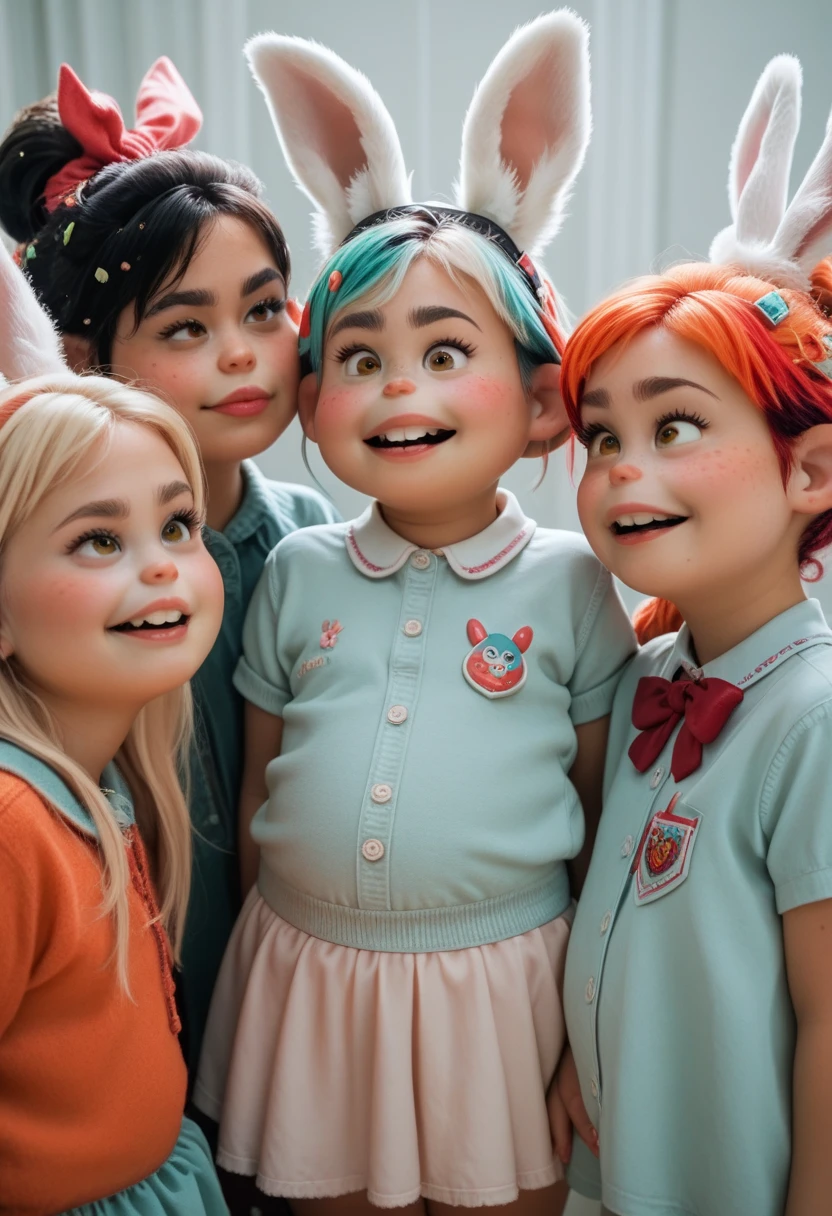 Three girls with red hair and blue bows stand in front of a wall, Perfect Android girl family, do cabelo vermelho, cabelos azuis e ruivos, Deusa dos cabelos ruivos, peruca vermelha, meninabelos vermelhos, azul ou vermelho, Filhotes vermelhos, Directed by: Bernardino Mei, vermelho e azul, azul e vermelho, cores azuis com detalhes em vermelho, tema azul vermelho