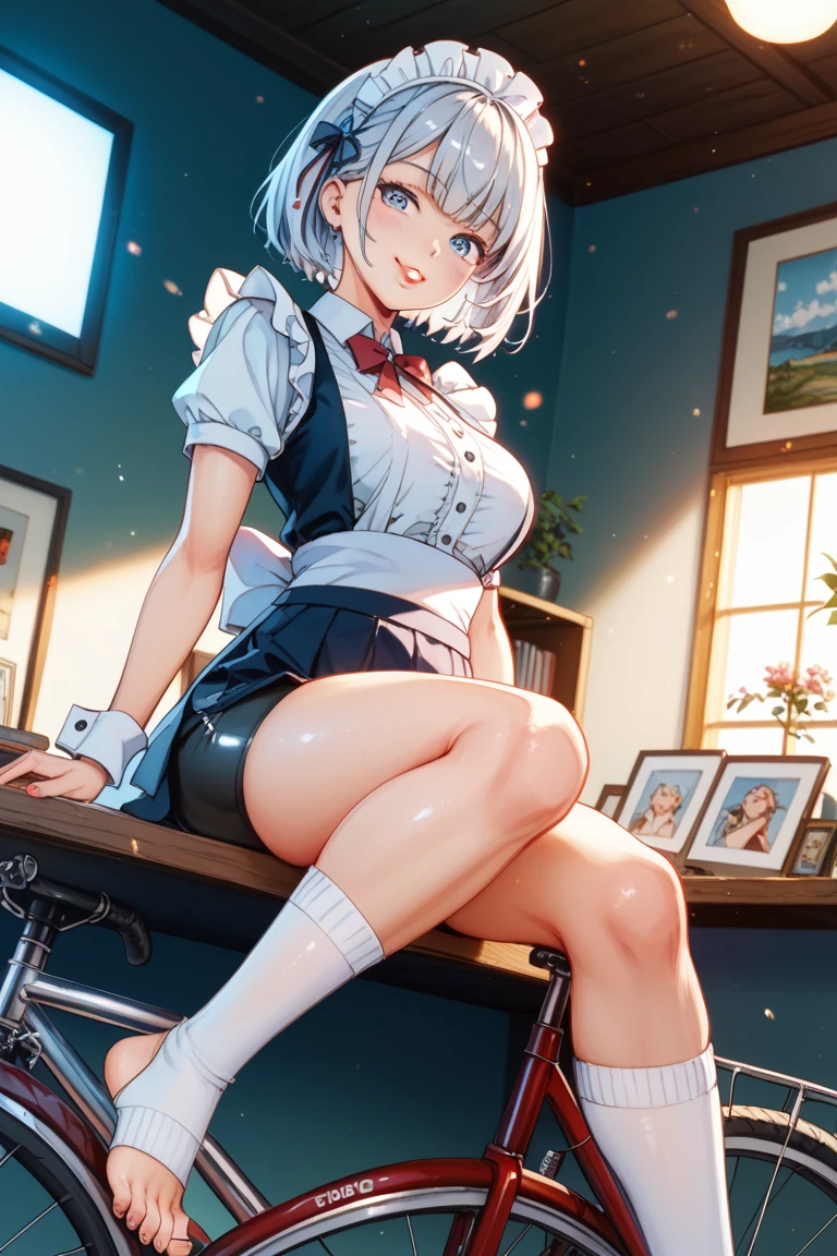 Short gray hair, big tits. She is spreading her legs on a desk at school. She has her hand on her , spreading it