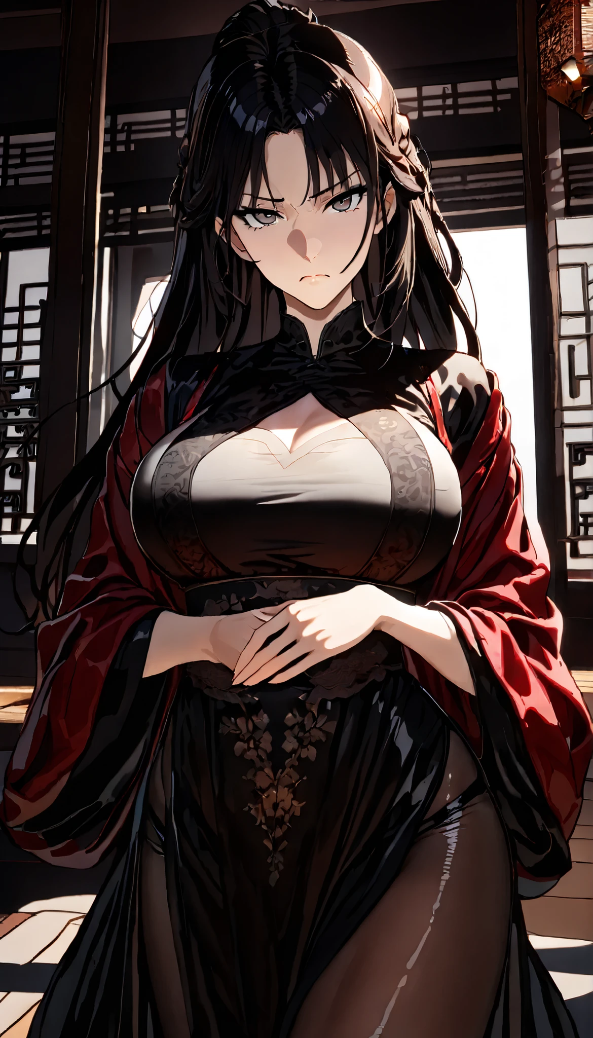 UHD, (A female with Black long hair),serious,Frown,shiny skin,perfect body,Black Tighs, in a Chinese Classic room,Open Pose, wearing a Black Cheongsam(Hanfu type),Black pantyhose, ultra-detailed, masterpiece, best quality, solo, upper focus, chiaroscuro,atmospheric,(Cowboy shot),(Close-up),first-person view, tachi-e,(Look at the viewers),(((Hbig bosom)))