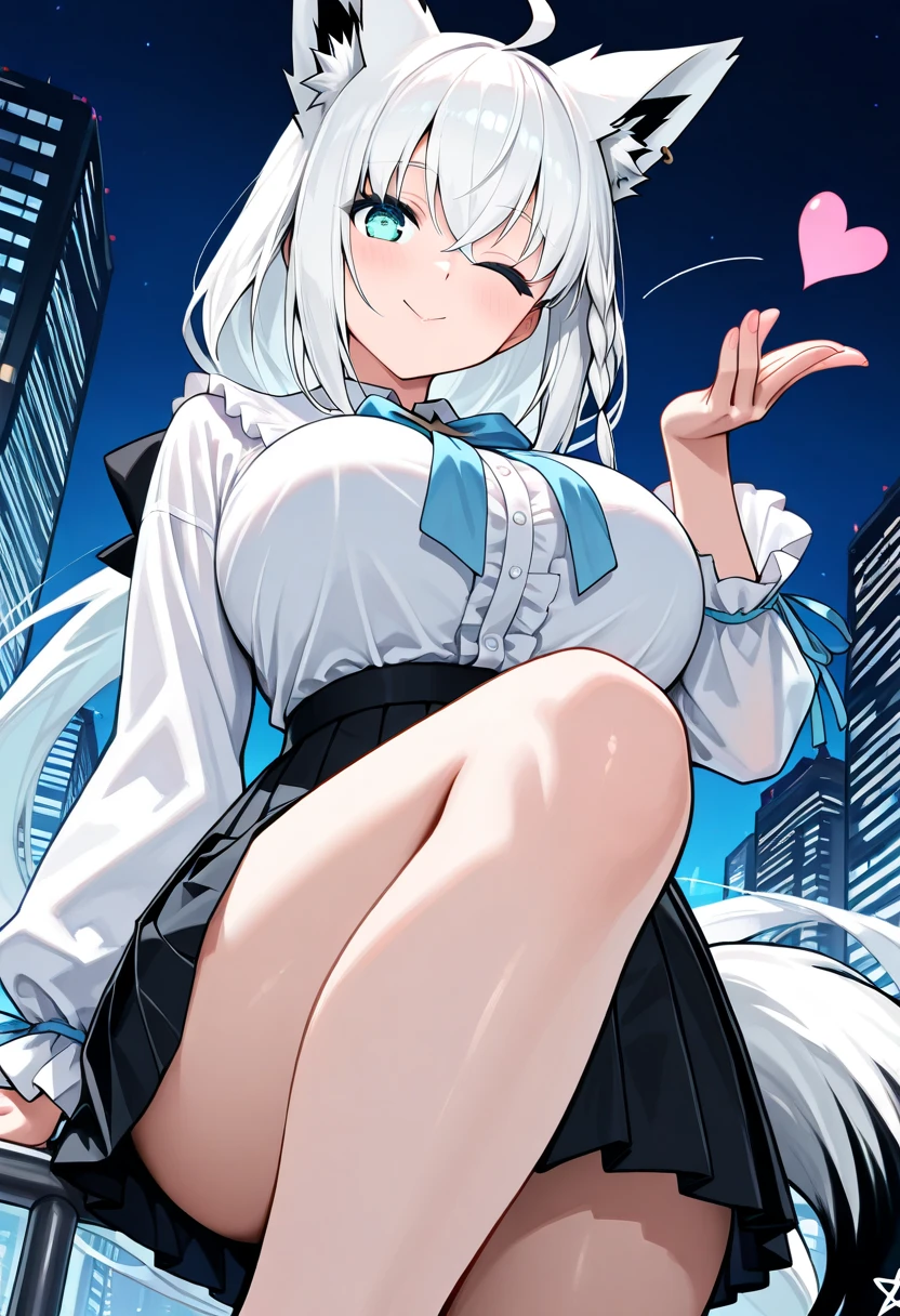 white bunny girl, animal ears, rabbit ears, high heels, long hair, pantyhose, tail, very long hair, yellow eyes, wrist cuffs, rabbit tail, leotard, large breasts, necktie, fishnets, fake animal ears, detached collar, white hair, (white leotard), (white costume), black necktie, strapless leotard,blanc \(nikke\), thin arms, thin legs, bent over, smiling, cleavage