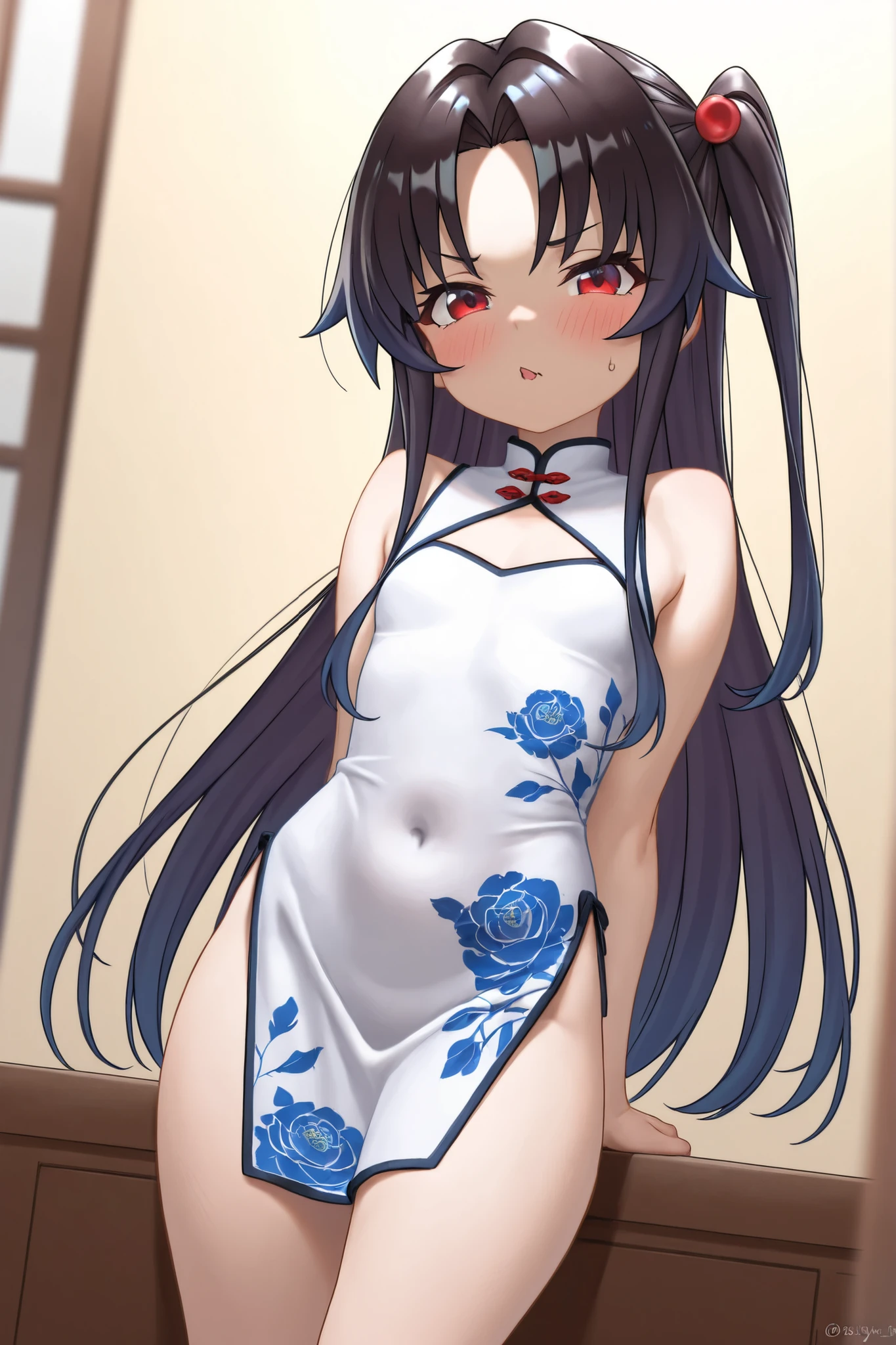 (highest quality, High resolution, perfect pixel, Depth of the bounds written, 4k, beautiful anime girl),
looking at the viewer,
perfect body,
shiki natsume,
sntm, 1girl, alternate hairstyle, double bun, braided bun, nape, bangs, sidelocks, large breasts,
(blush all over the face, embarrassing:1.2),
(oekakizuki china dress), red china dress,
thighs,
from below,