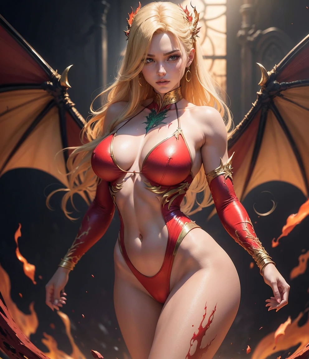 ((sexy queen of hell)) ((beautiful face)) ((evil smile)) ((red gloss lipstick)) ((very dark eyeshadows make up)) ((detailed eyes))((big bright yellow eyes)) ((very long messy light redhead hair)) ((sensual lips)) ((huge breast:1.5)) ((wide hips:1.4)) ((perfect slender body torso1.3)) (((wears long dark fantasy dark red dress with glowing gold ornament, showing pussy))) (((glowing gold crown, goat horns, devil tail, 6 pairs of bat like wings))) ((gold jewelry, choker, gold earrings, fishnet stocking)) ((queen posing sensual on hell dark castle balcony, red sky, full moon, at midnight))((evil magic aura light around her))((high resolution:1.4)), (dynamic shadows)((photorealistic:1.5)) ((masterpiece:1.5)) (8k:1.3) (perfect face) ((best quality:1.4)) (perfect hands and eyes)((()))