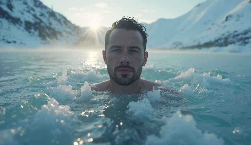 upper body of a man lying on the frozen sea, pretty face, covered in ice, ice crystals, sunlight, hyperrealistic, real photo shoot, 8k, ice